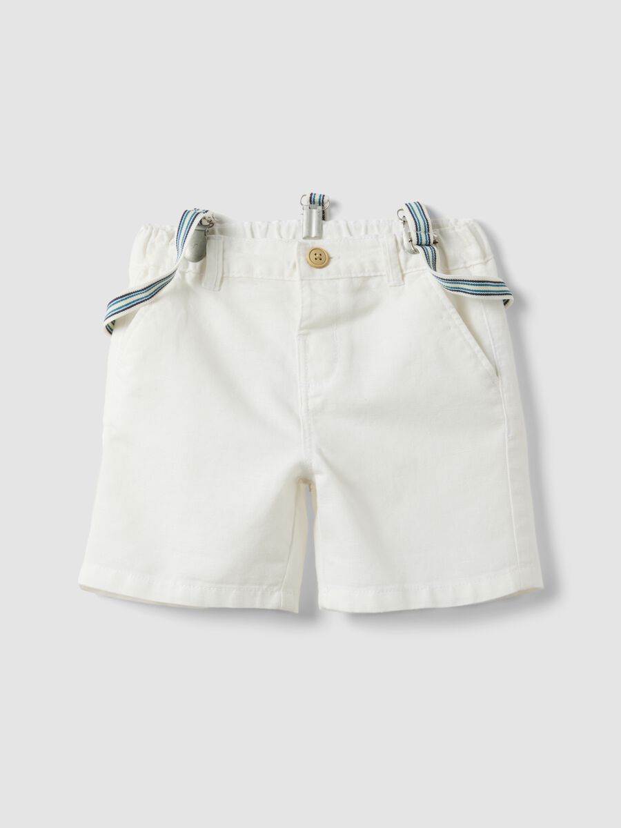 Shorts in misto cotone e lino bianco da bimbo regular fit con bretelle_0