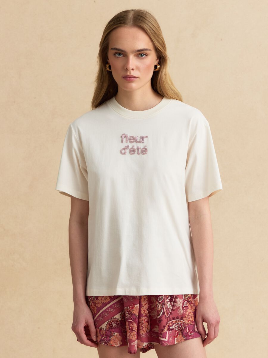 Beige pure cotton short-sleeve T-shirt_0