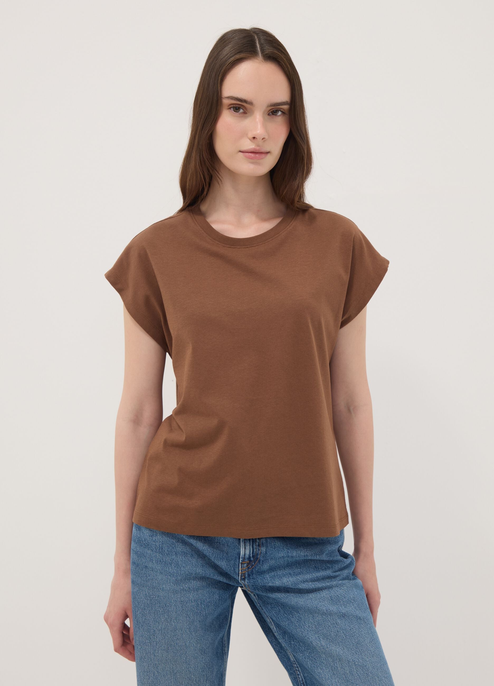 Brown pure cotton short-sleeve regular fit T-shirt
