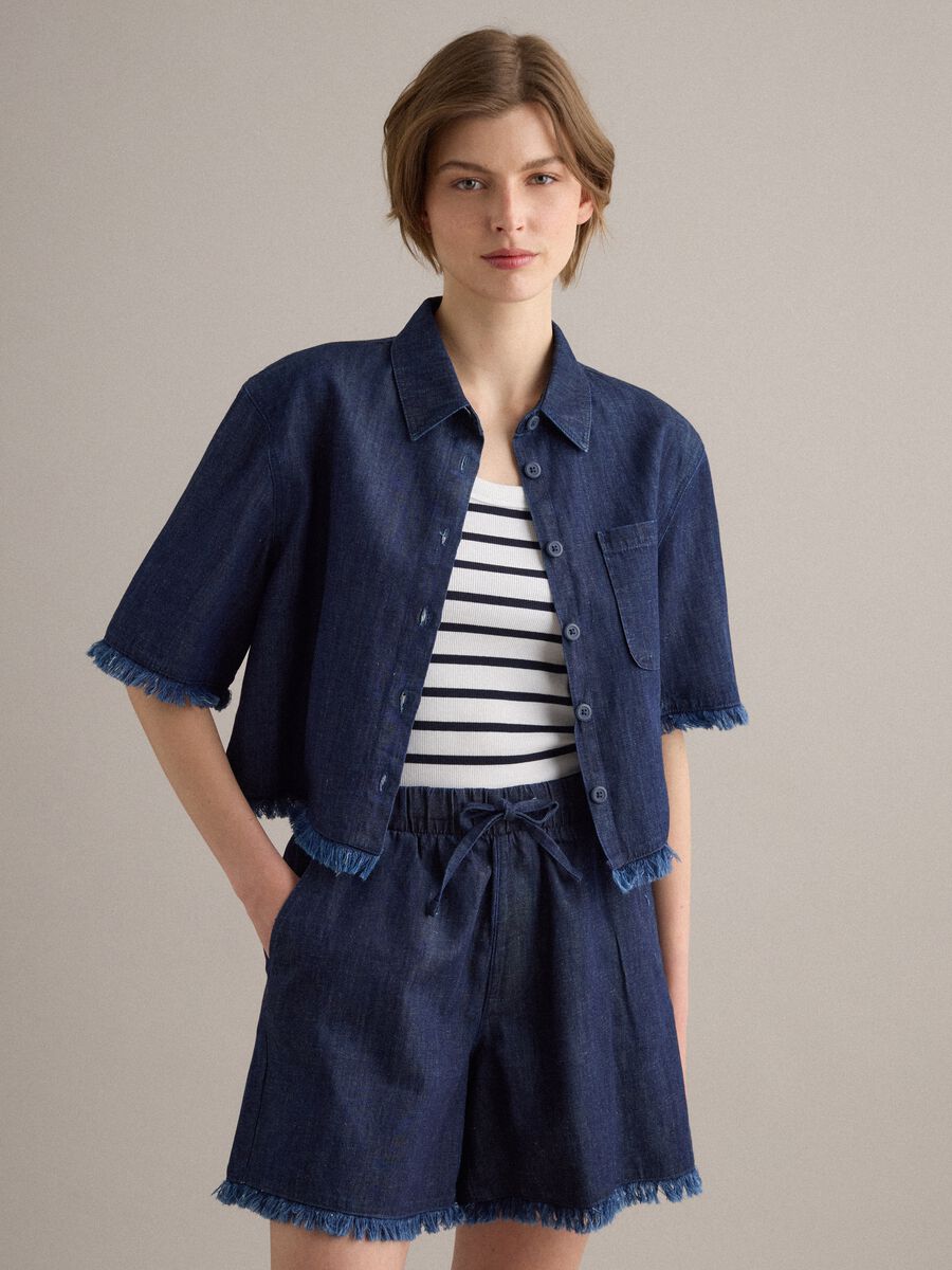 Blue denim shirt in cotton blend, oversized fit with frayed hem_0