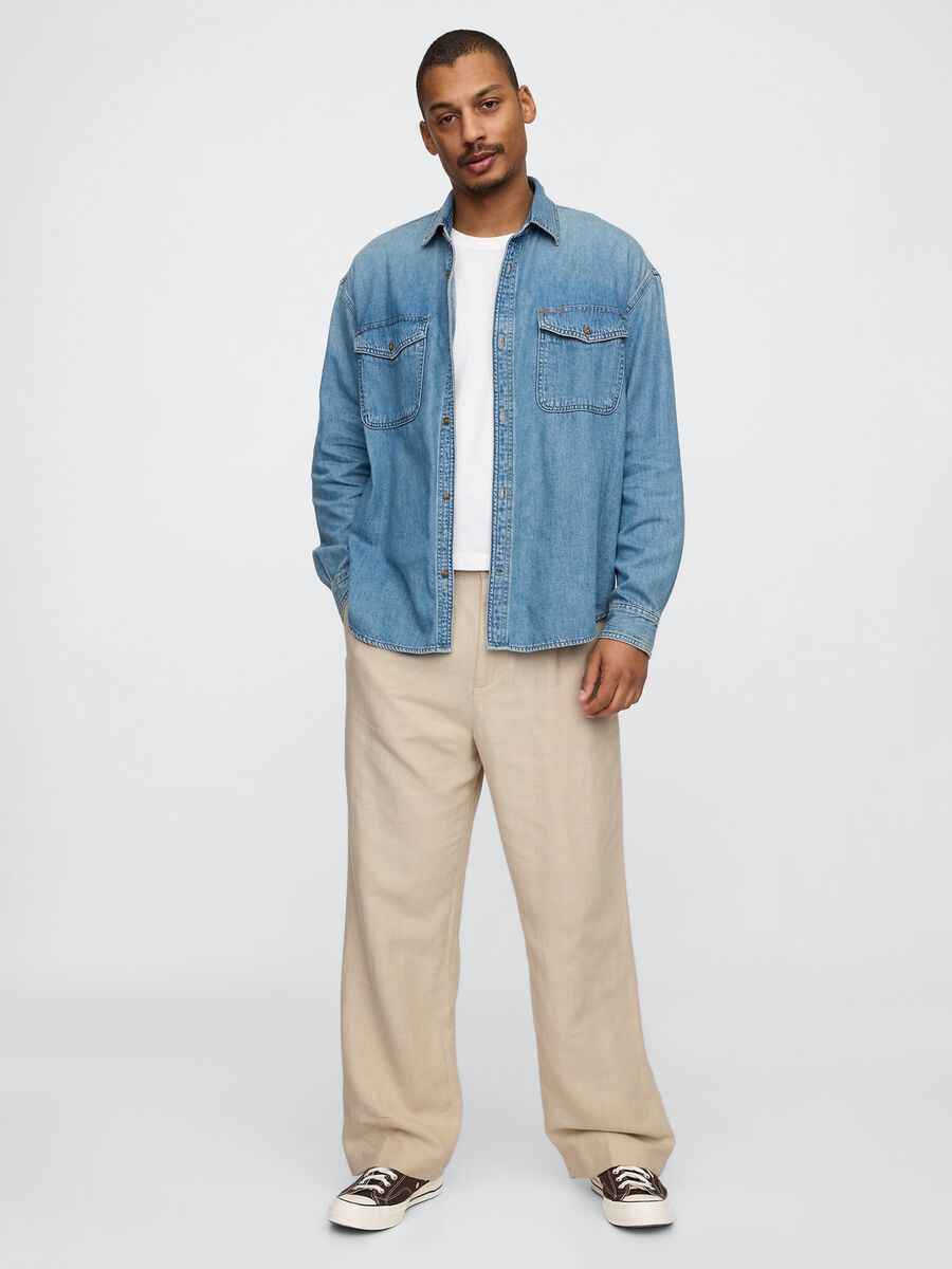 Beige wide leg trousers in linen and cotton_0