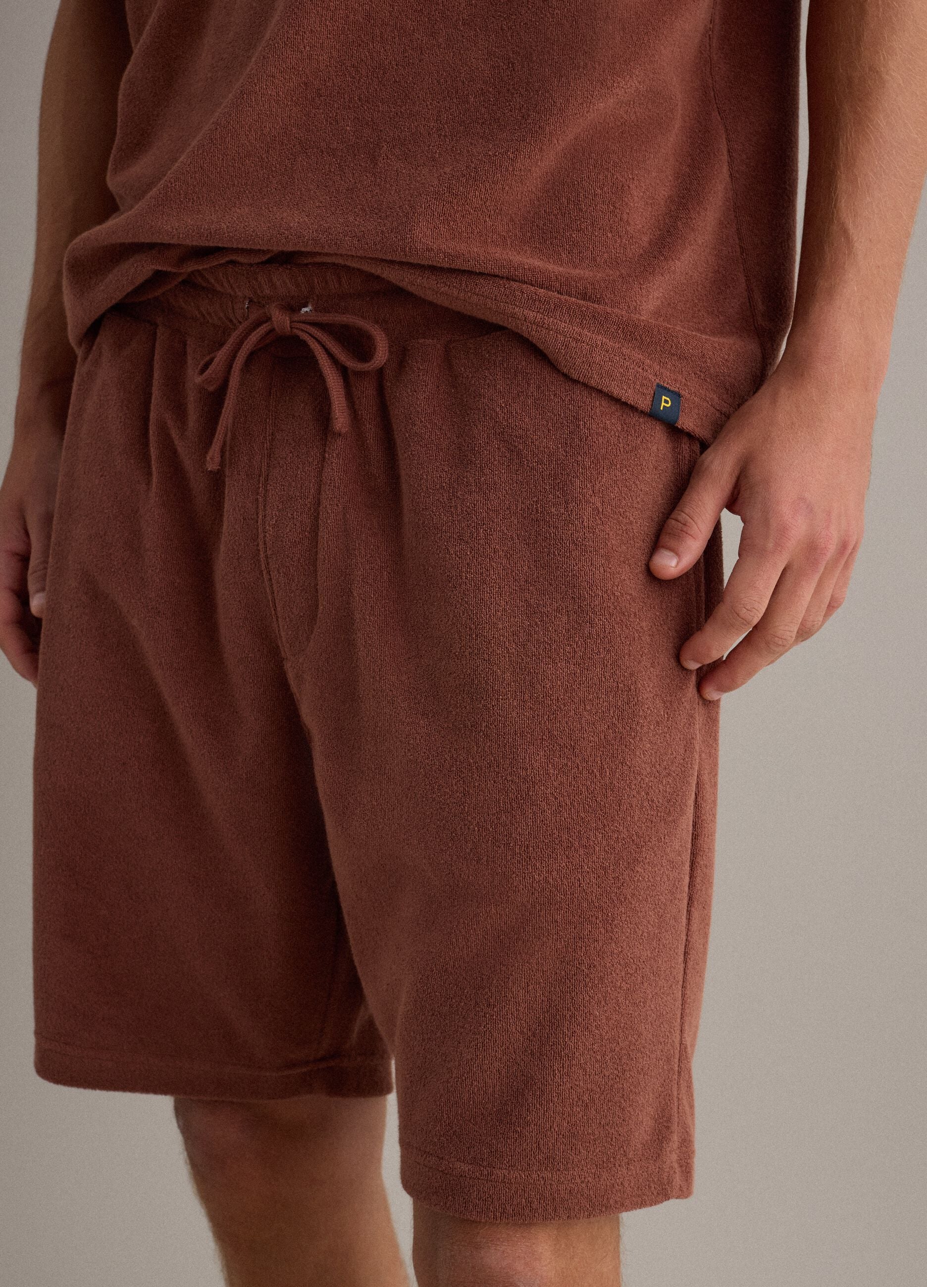 Brown cotton-blend Bermuda shorts with elasticated waist