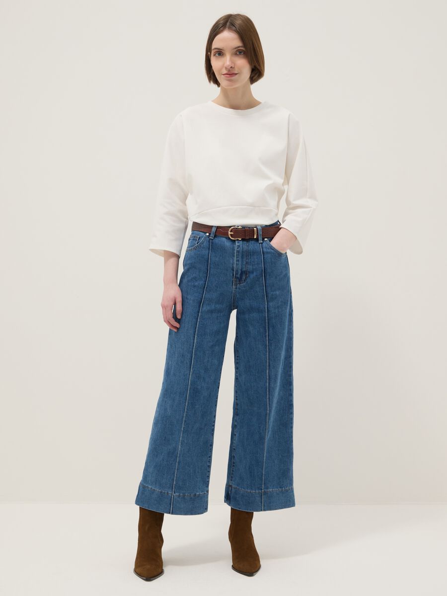 Regular fit blue stretch denim cotton blend trousers_0