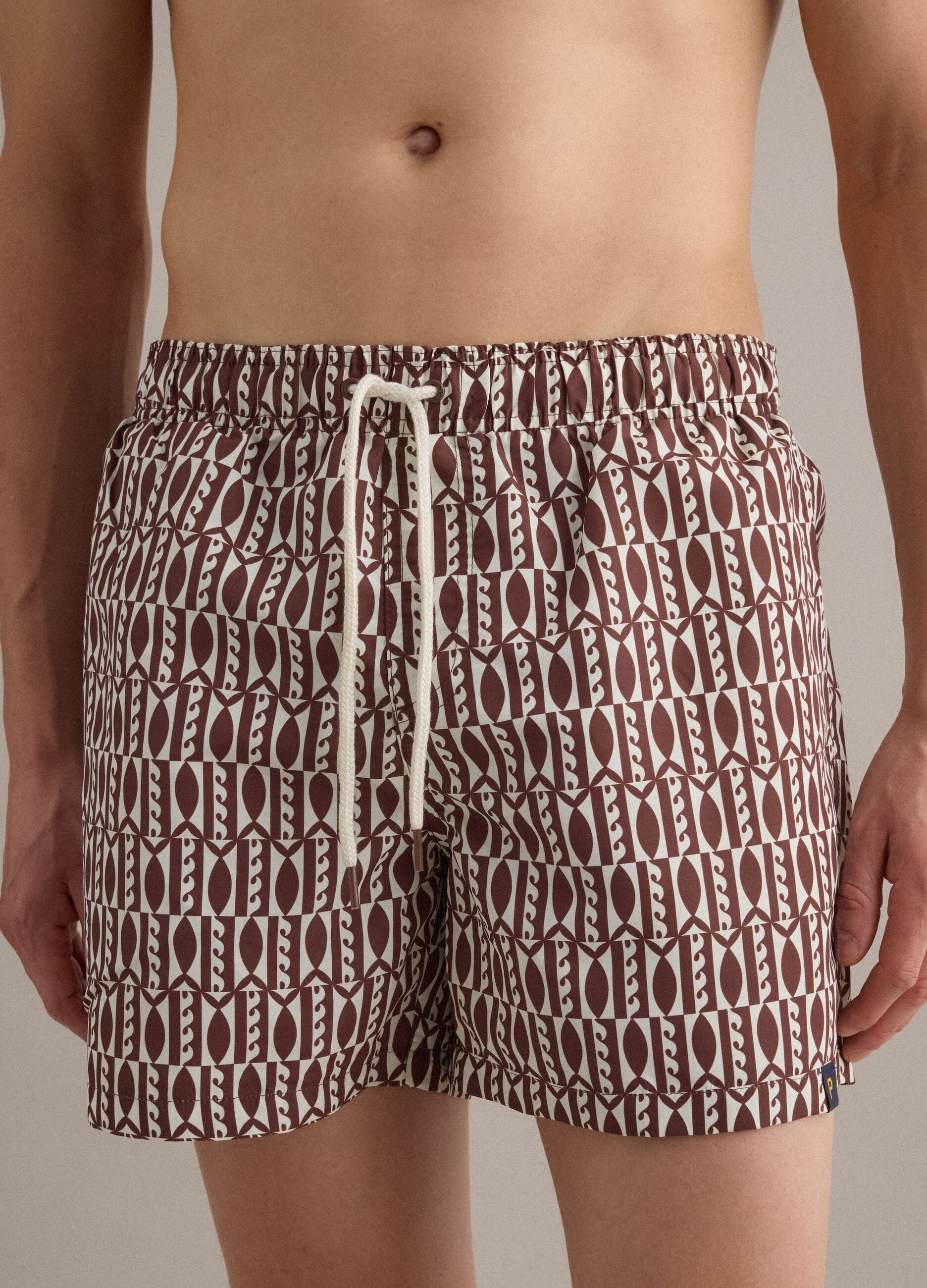 Brown geometric-print swim shorts
