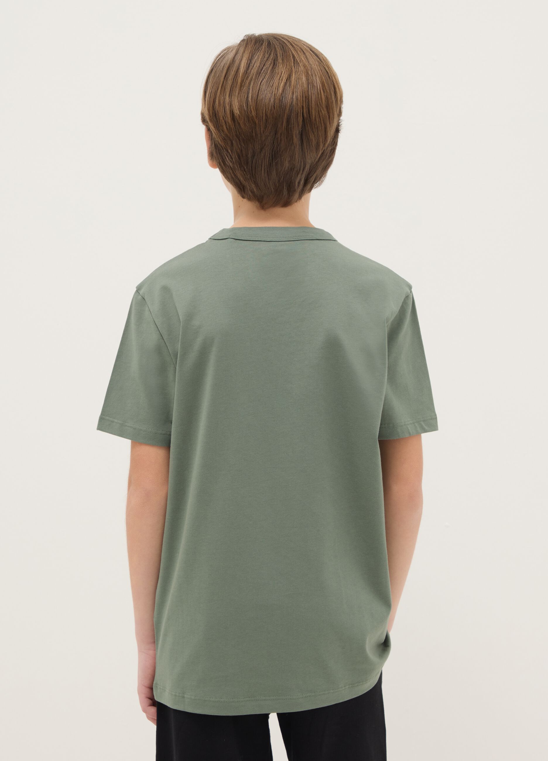 Boys' green crew-neck T-shirt in pure cotton over fit