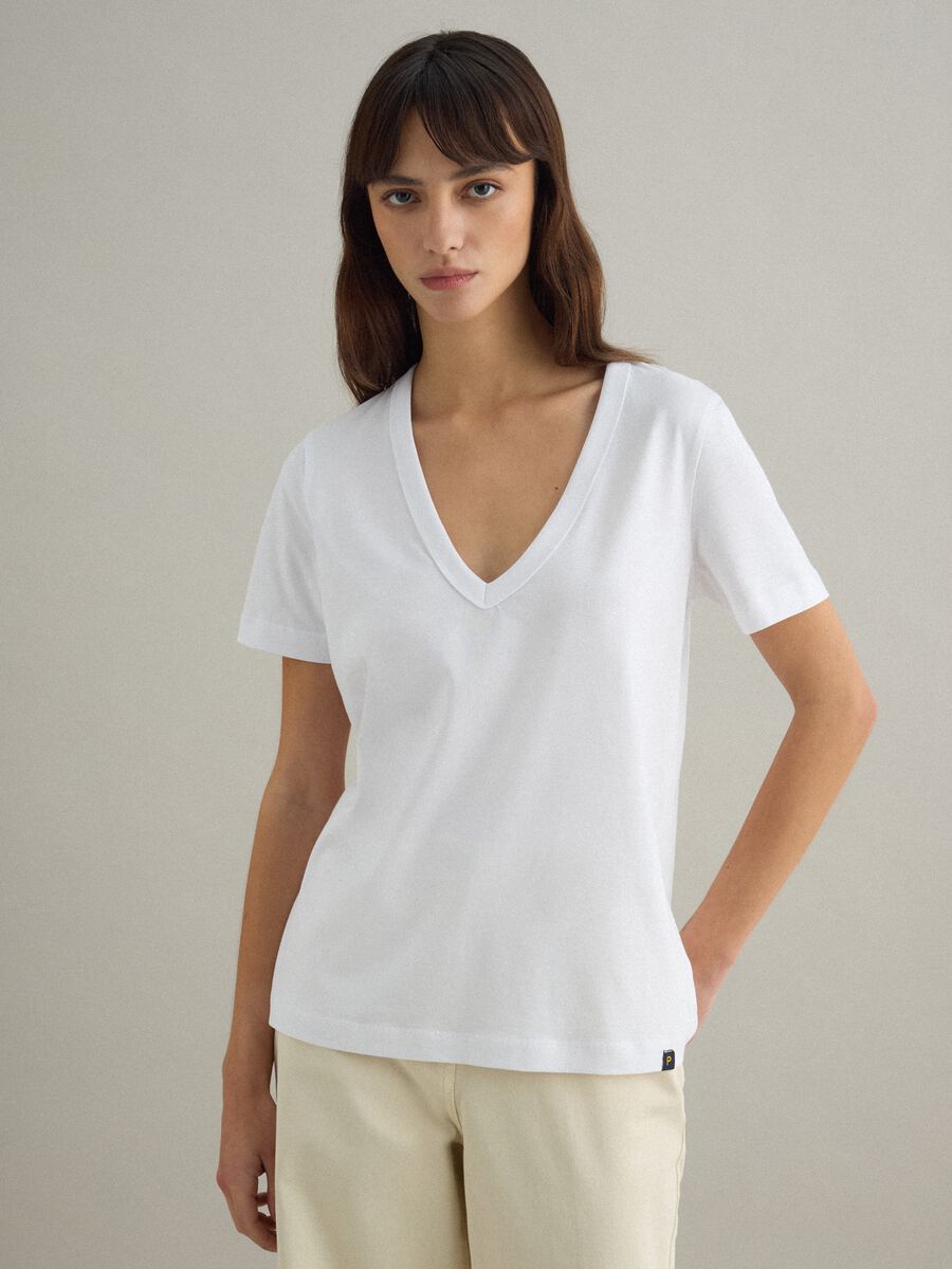 White pure cotton T-shirt regular fit deep V_0