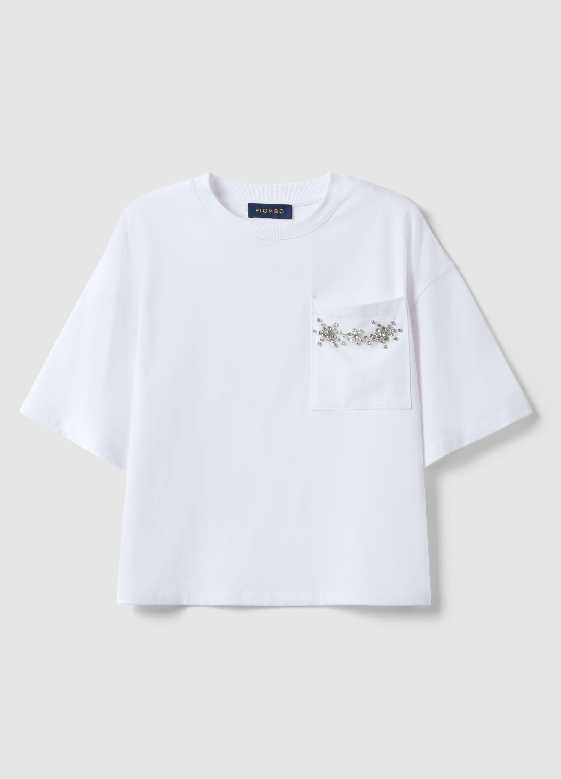 White cotton blend relaxed fit T-shirt with decorative pocket