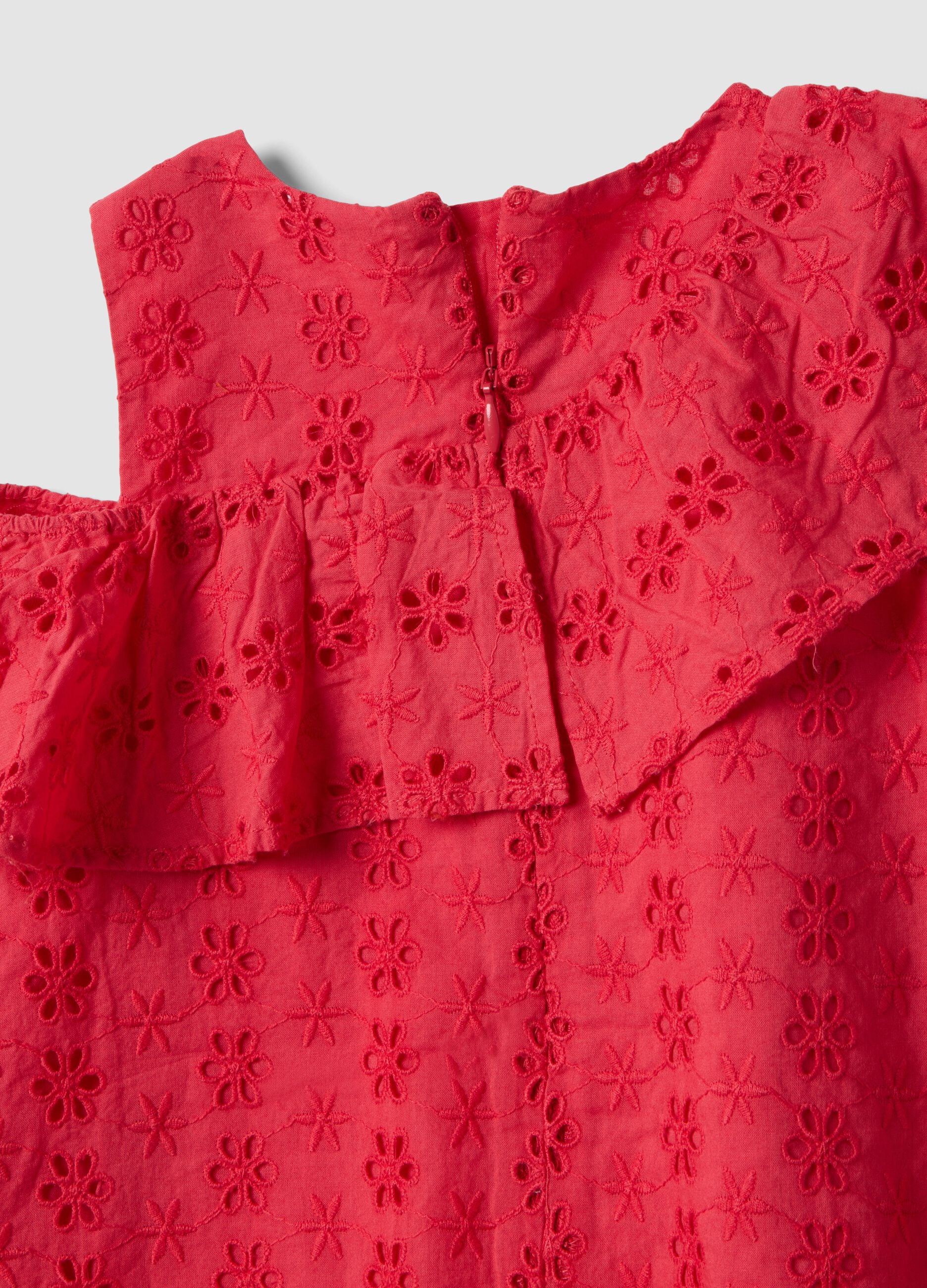 Girls' Relaxed Fit Red Cotton Dress with Embroidery