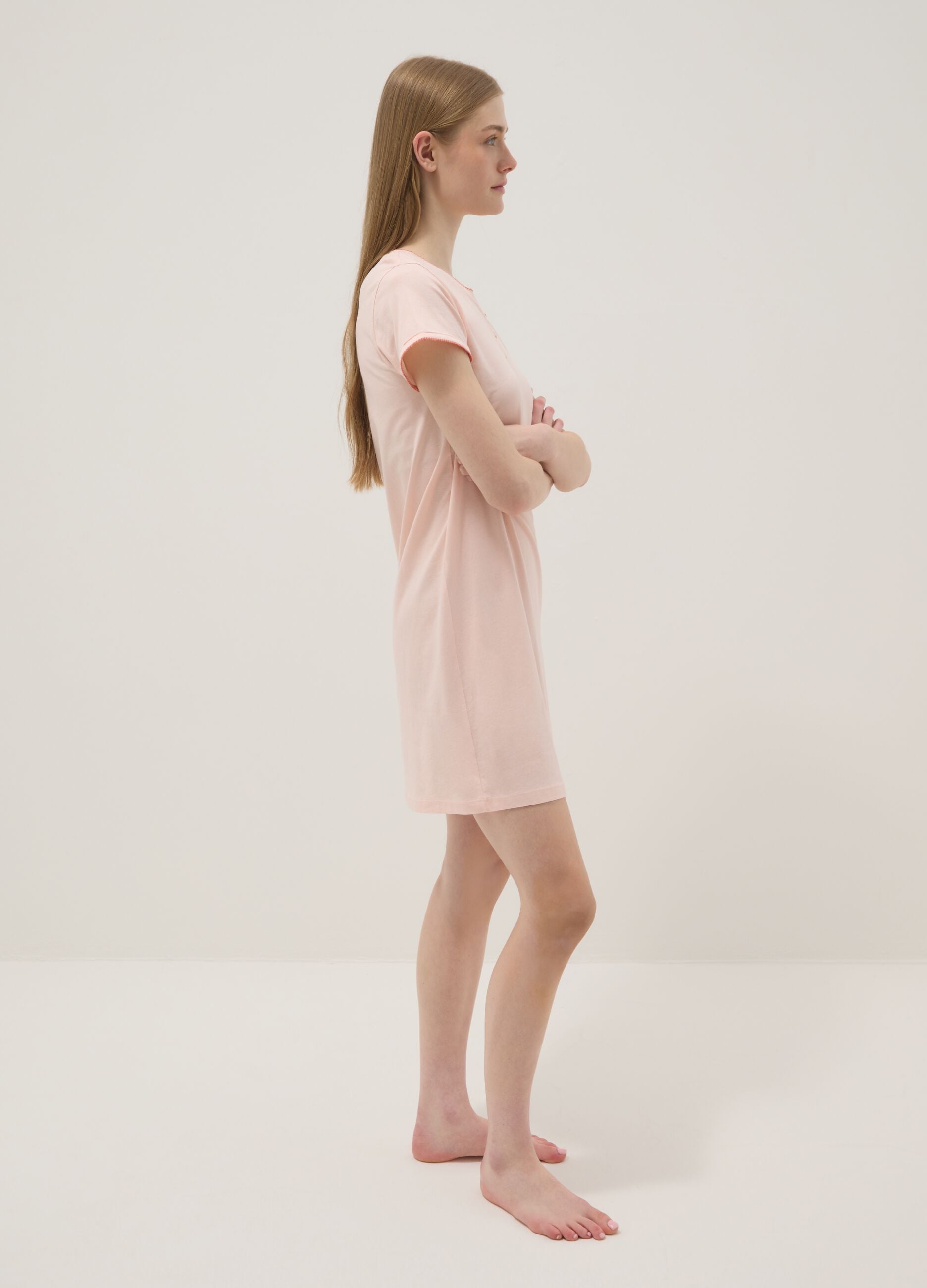 Pink pure cotton nightdress regular fit with Henley neckline