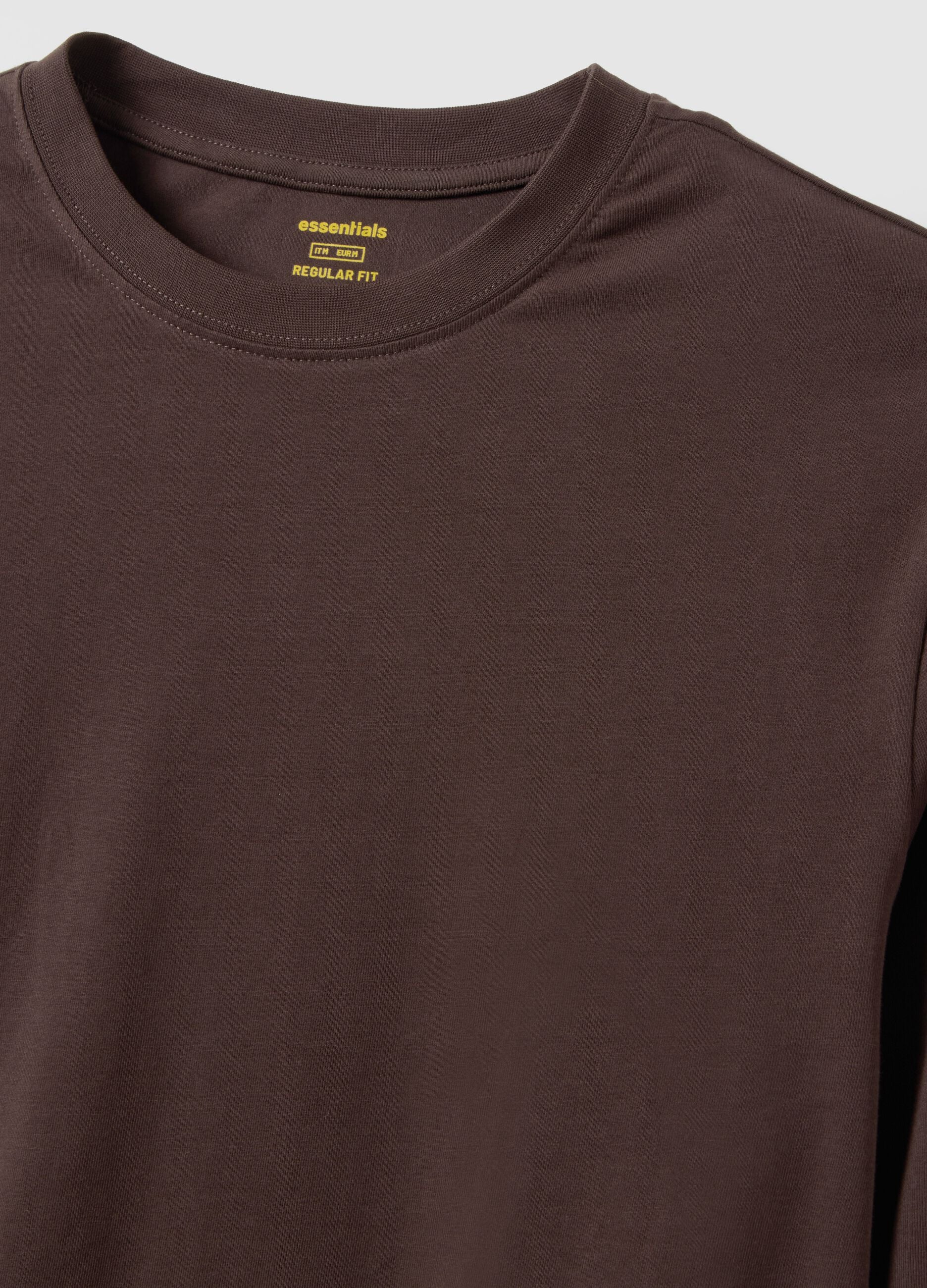 Regular fit stretchy cotton long sleeve brown t-shirt