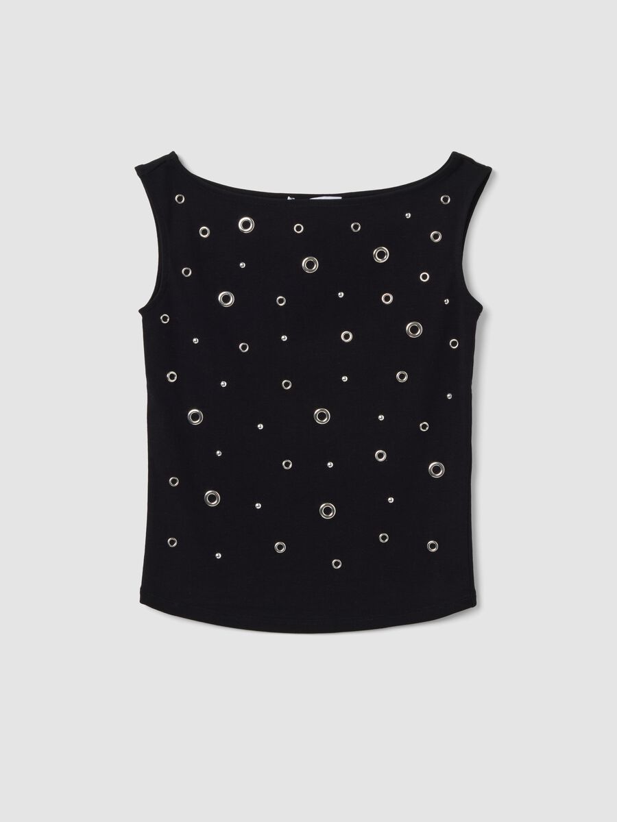 Black stretch cotton top with metal eyelets, regular fit_0