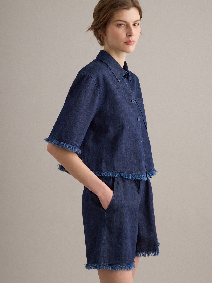 Blue denim shirt in cotton blend, oversized fit with frayed hem_1