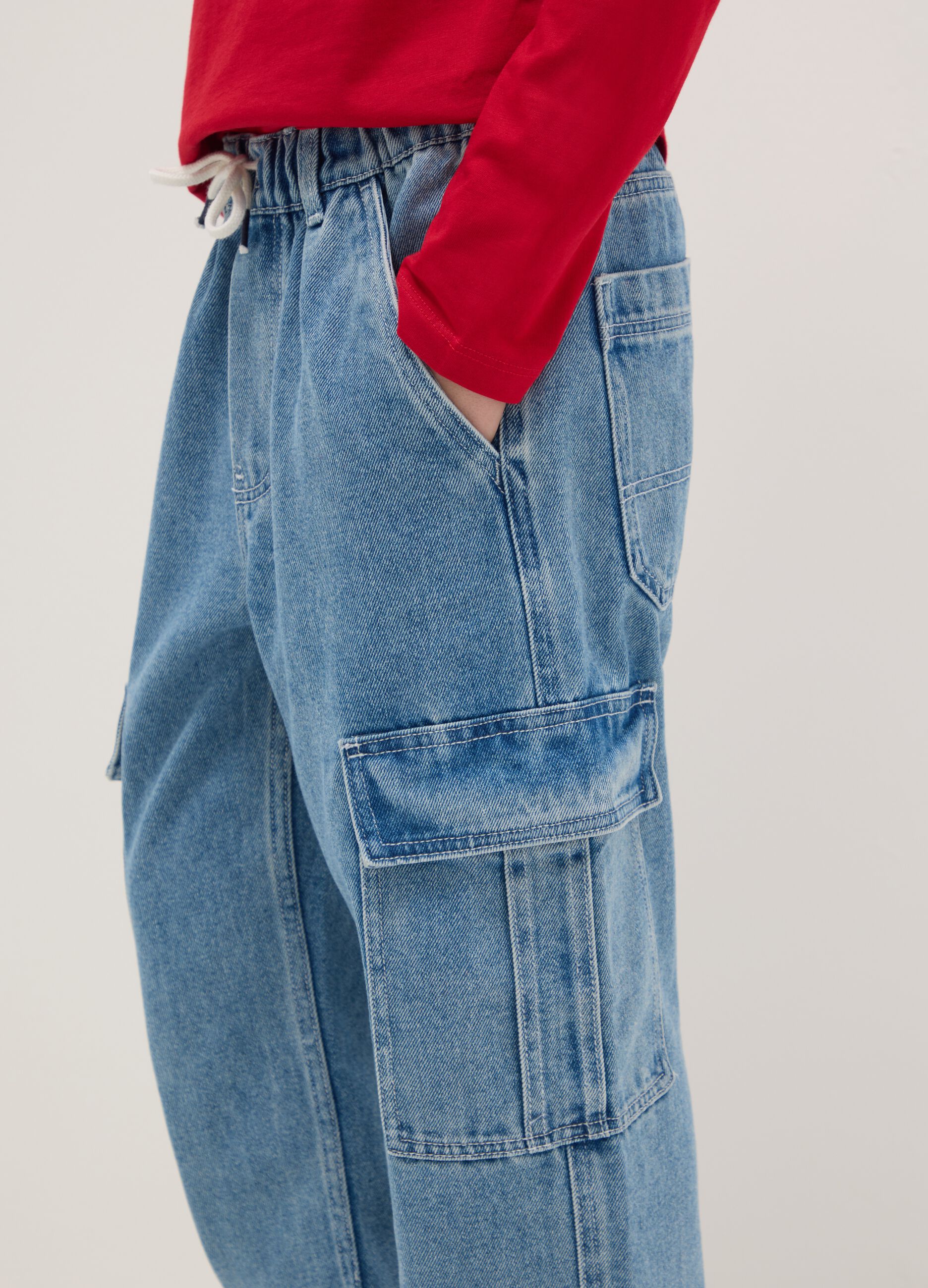 Boys' regular fit blue cotton blend jeans with cargo pockets