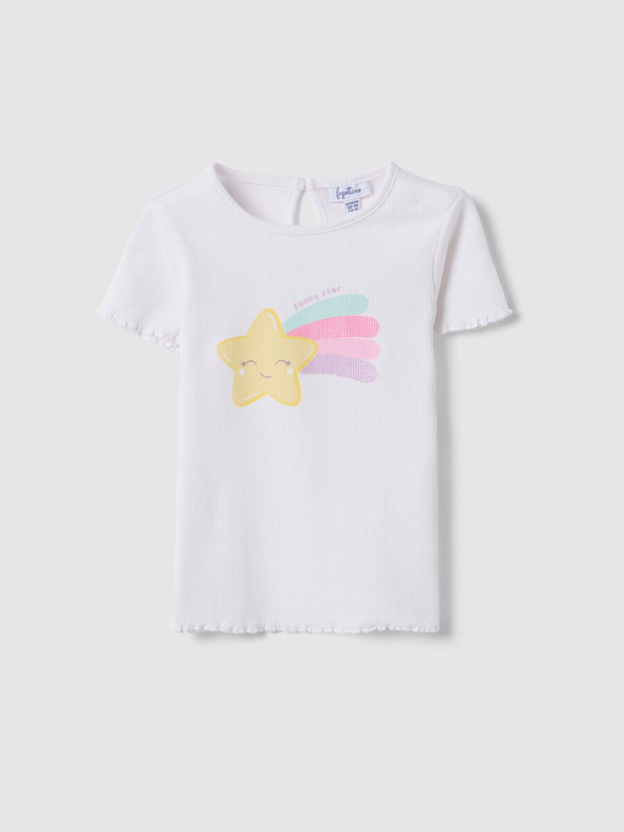 Girls' white stretch cotton T-shirt with star_0