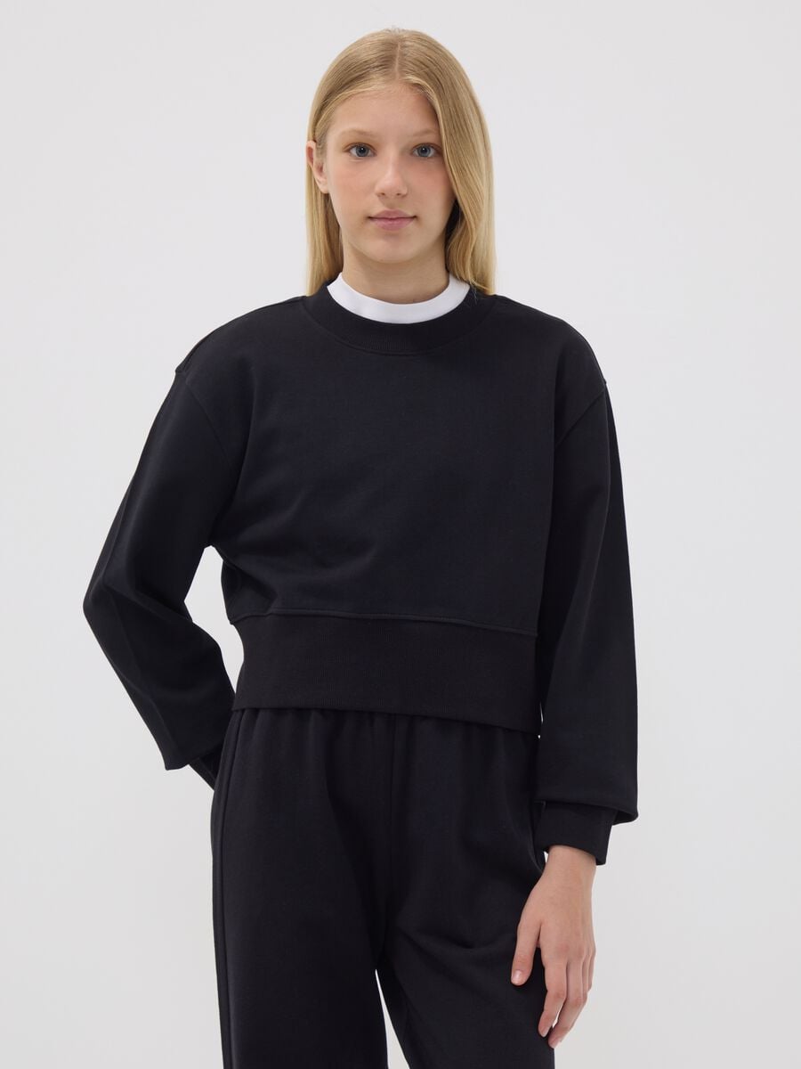 Black sweatshirt in organic cotton and viscose blend with ribbed collar_1
