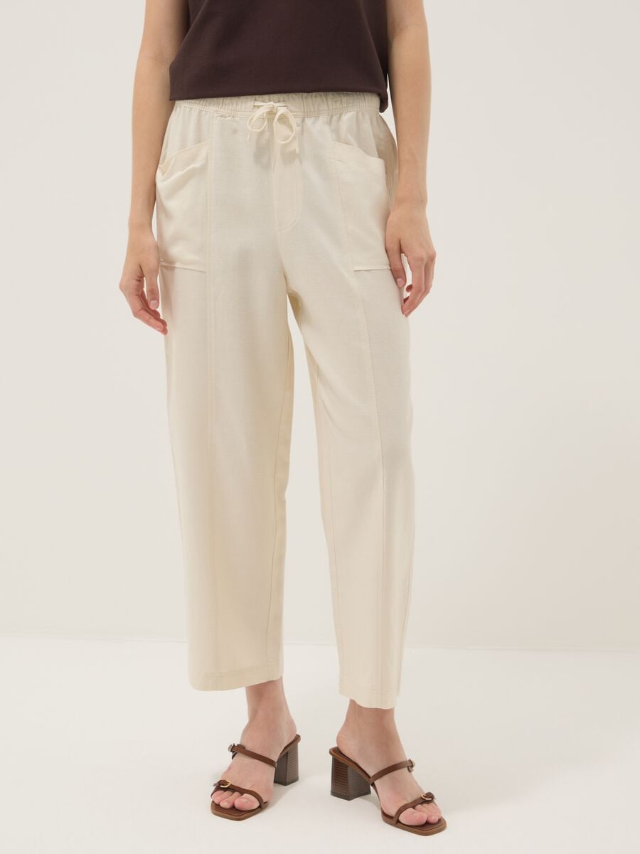 White viscose-linen blend trousers with drawstring, straight fit_1