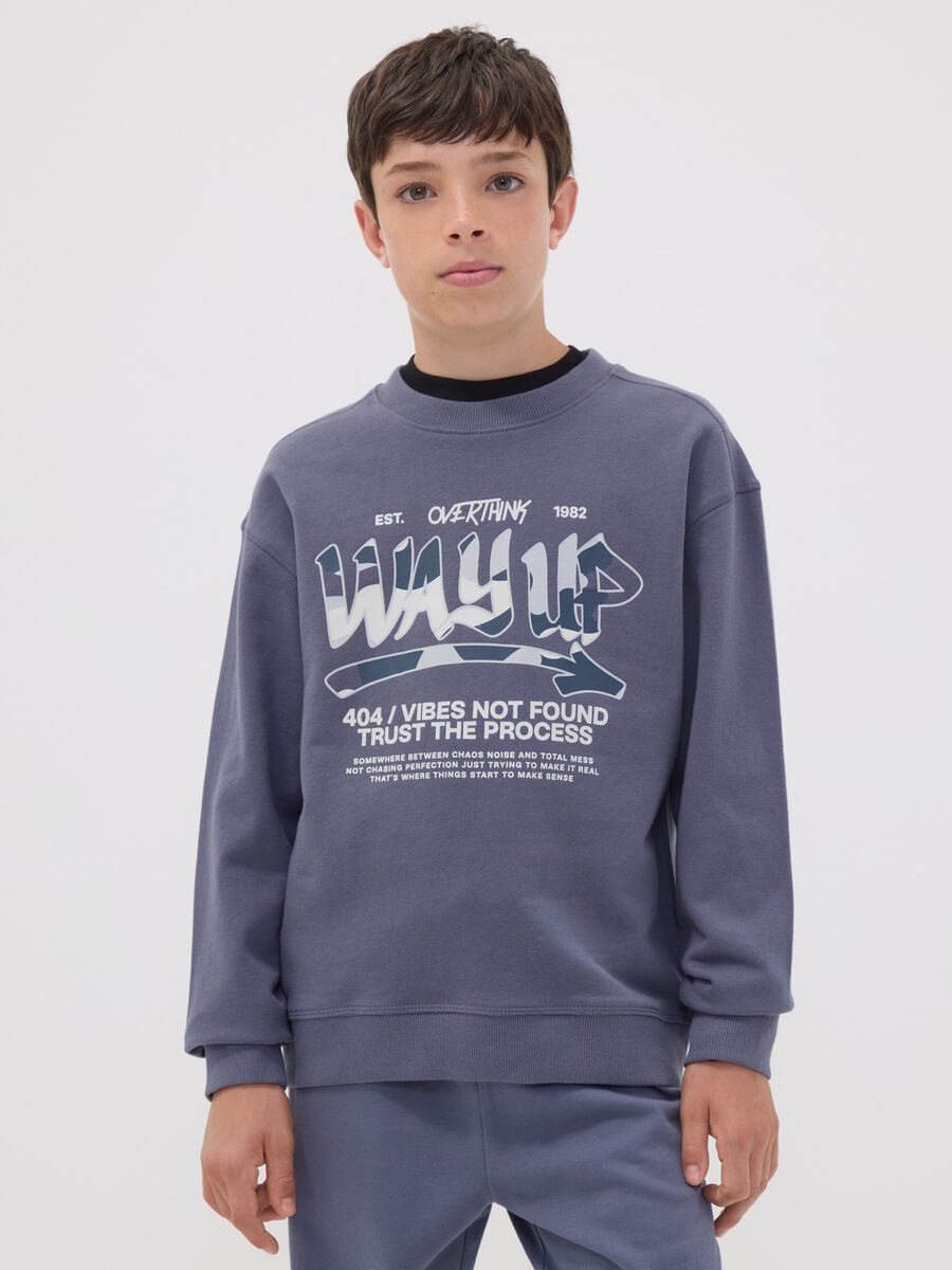 Grey pure cotton sweatshirt with front print for boys, relaxed fit_0