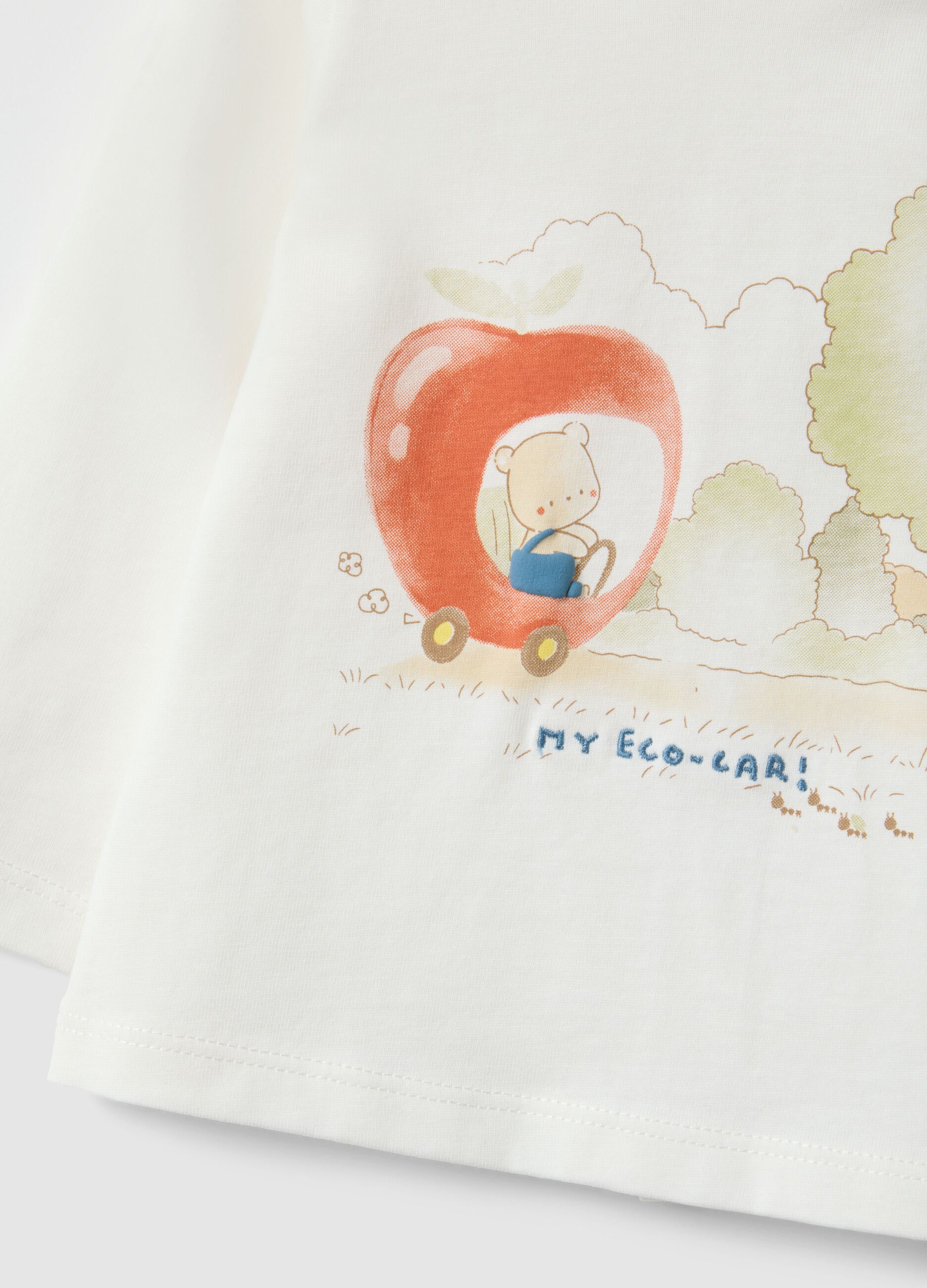 White cotton-blend baby T-shirt with teddy bear print, regular fit