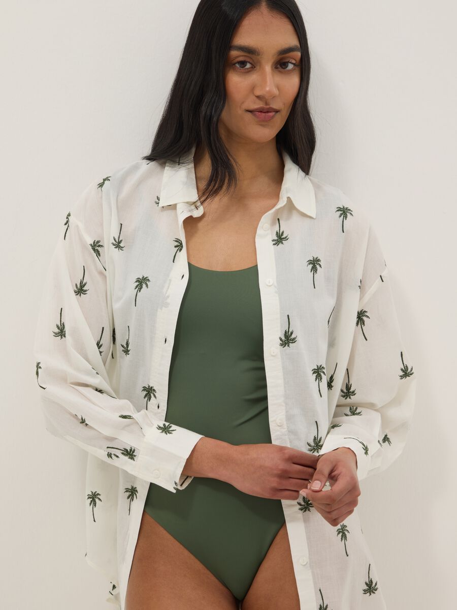 White pure organic cotton kaftan with palm print_1