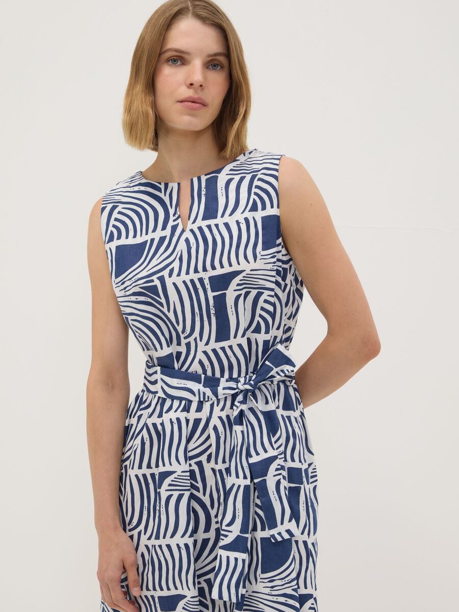 Blue pure cotton dress with print and matching belt, regular fit_0
