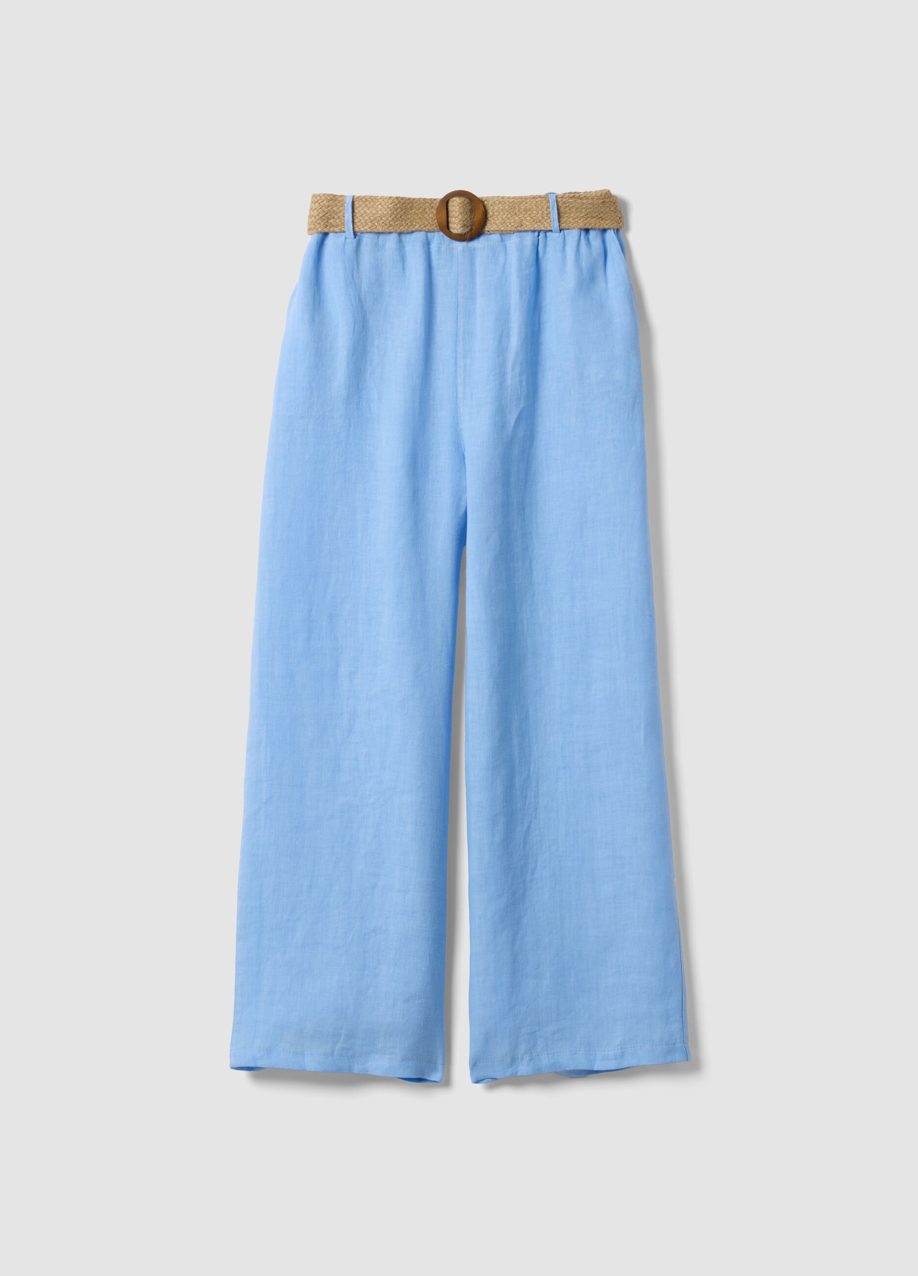 Sky-blue pure linen wide-leg trousers with elasticated waist