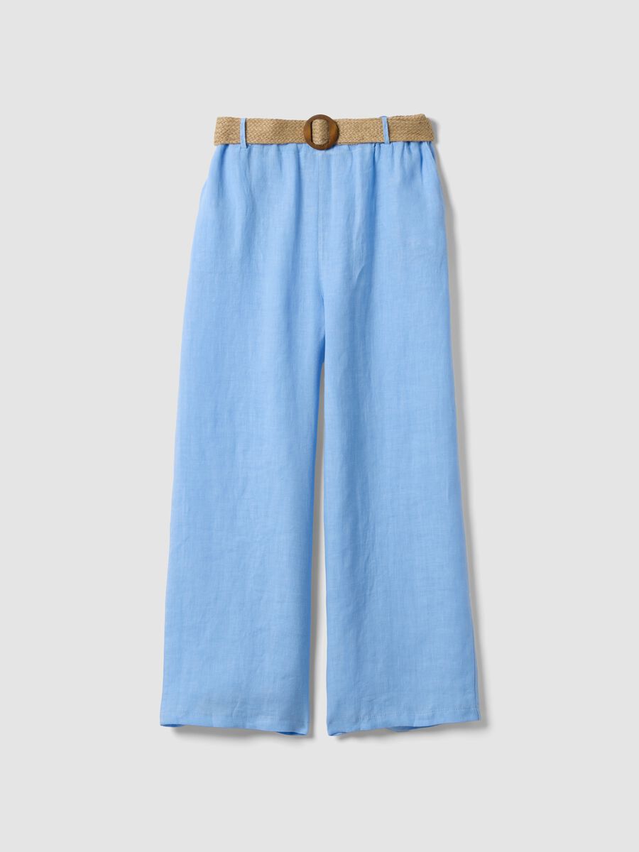 Sky-blue pure linen wide-leg trousers with elasticated waist_4