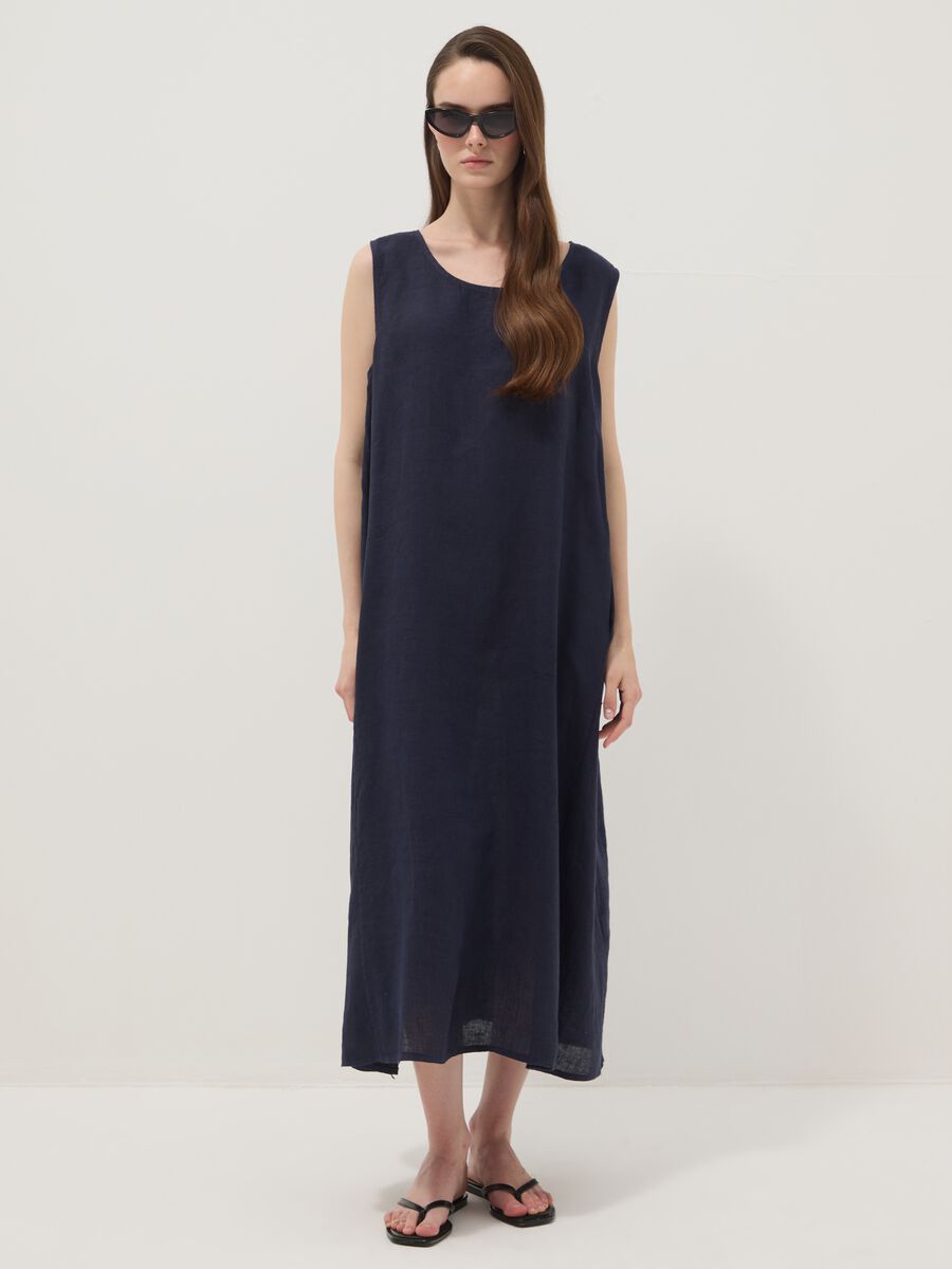 Long blue pure linen dress, regular fit_0