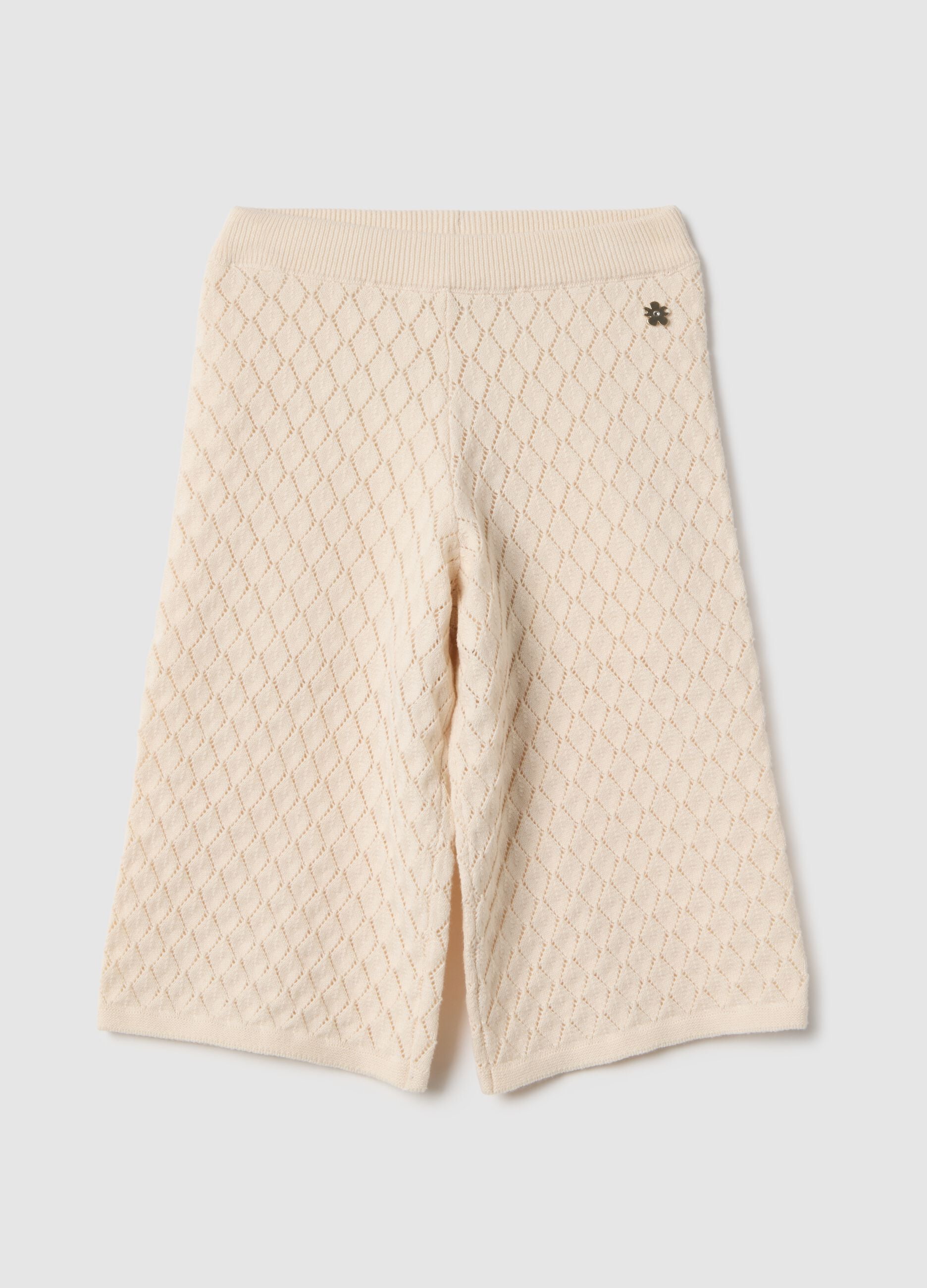 Beige pure cotton trousers for girls with regular fit and perforated pattern