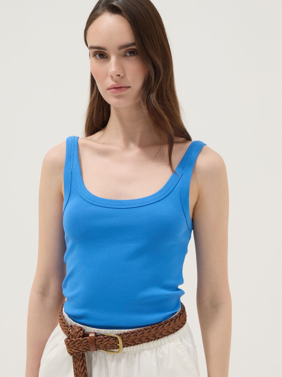 Blue fitted stretch cotton vest top_0