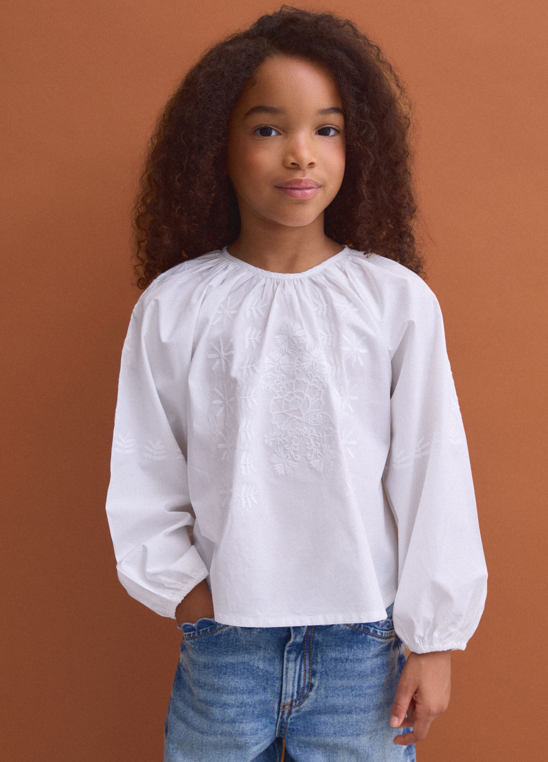White pure cotton blouse with embroidery and gathered neckline for girls