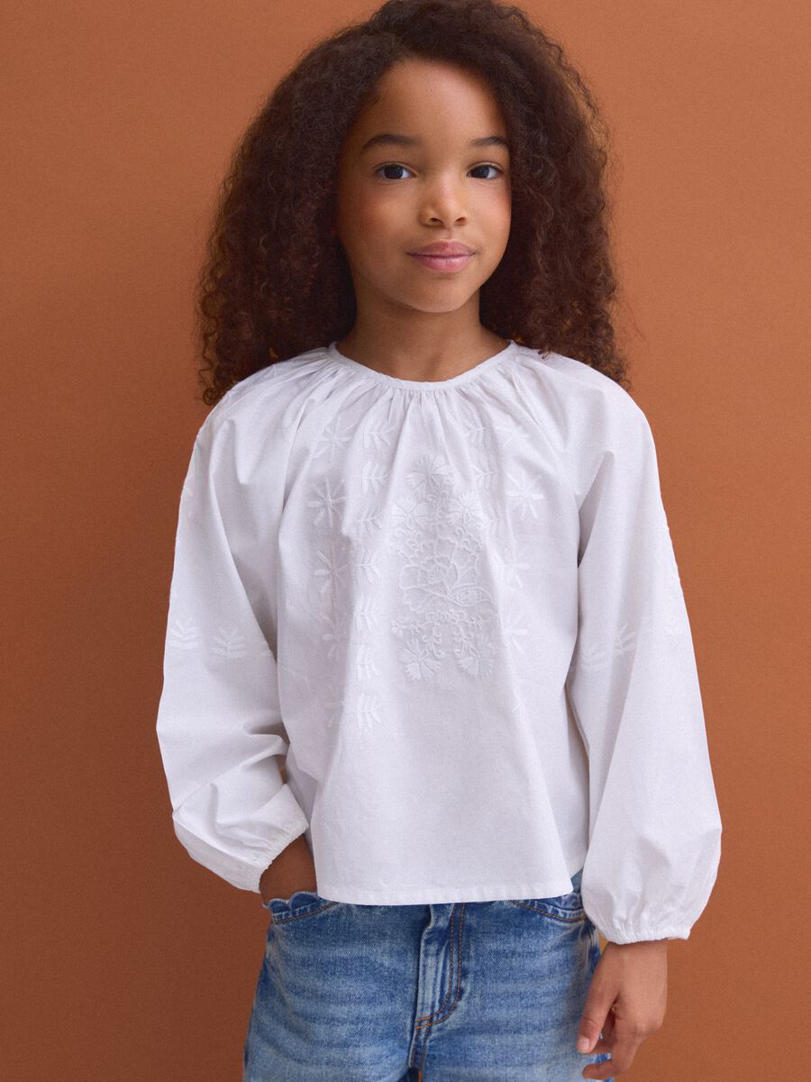 White pure cotton blouse with embroidery and gathered neckline for girls_1