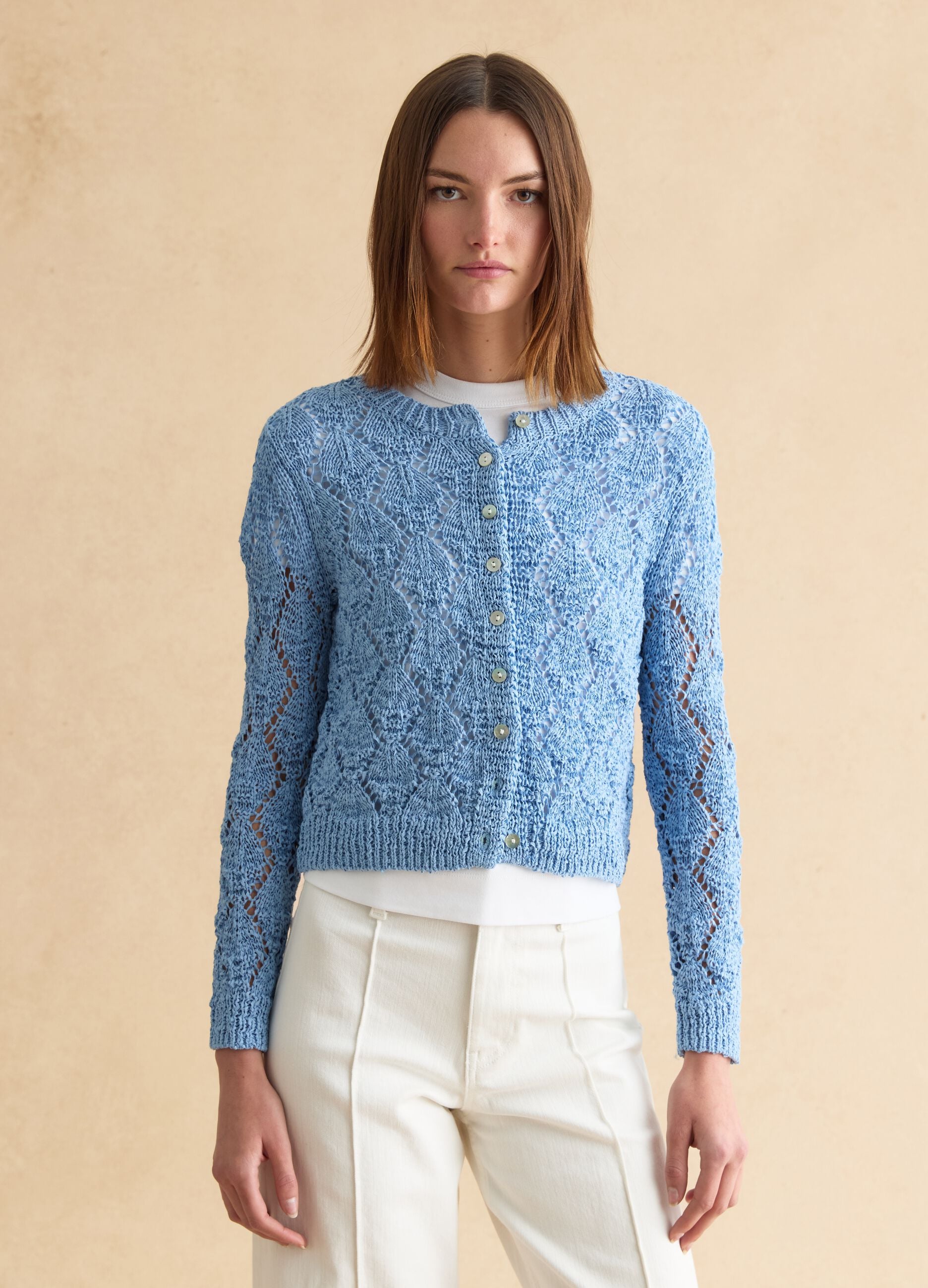 Sky blue cotton blend cardigan regular fit with knitted design