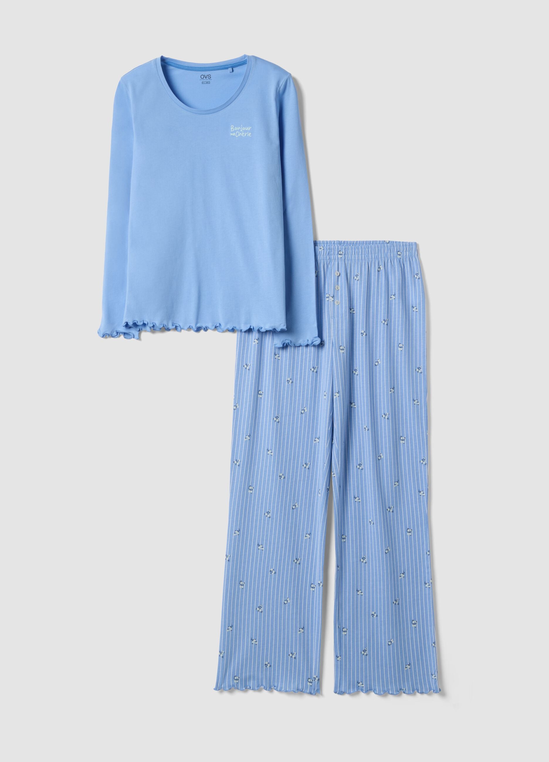 Sky blue pure cotton regular fit pyjamas with ruffles
