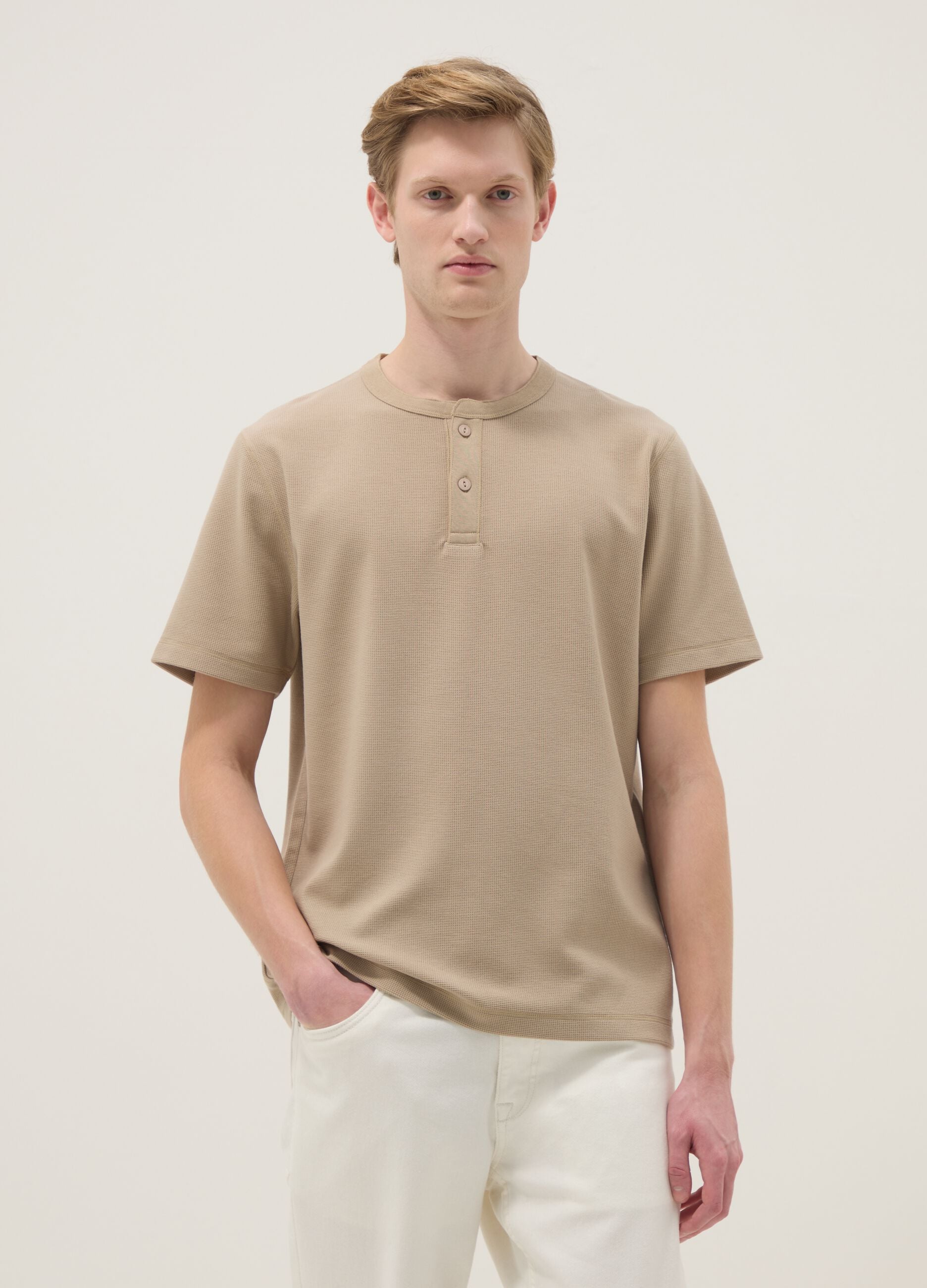 Beige regular-fit short-sleeve T-shirt with Henley neckline