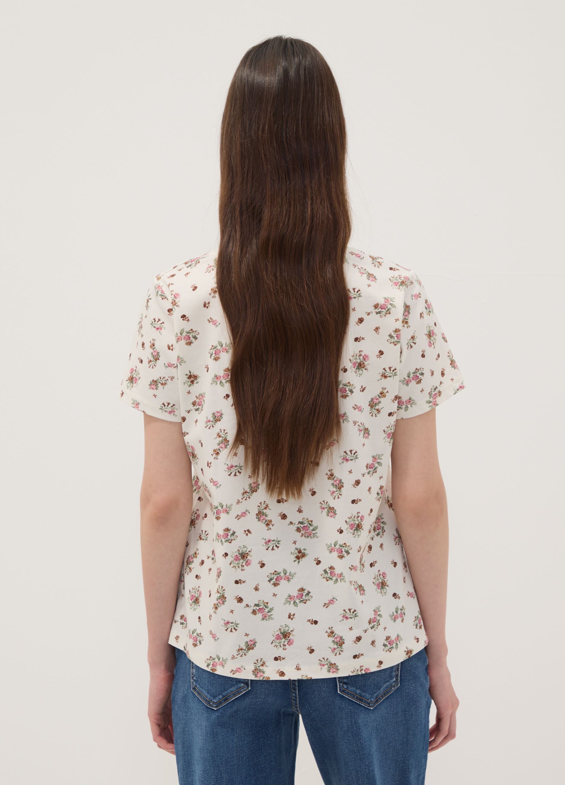White floral stretch-cotton T-shirt, regular fit