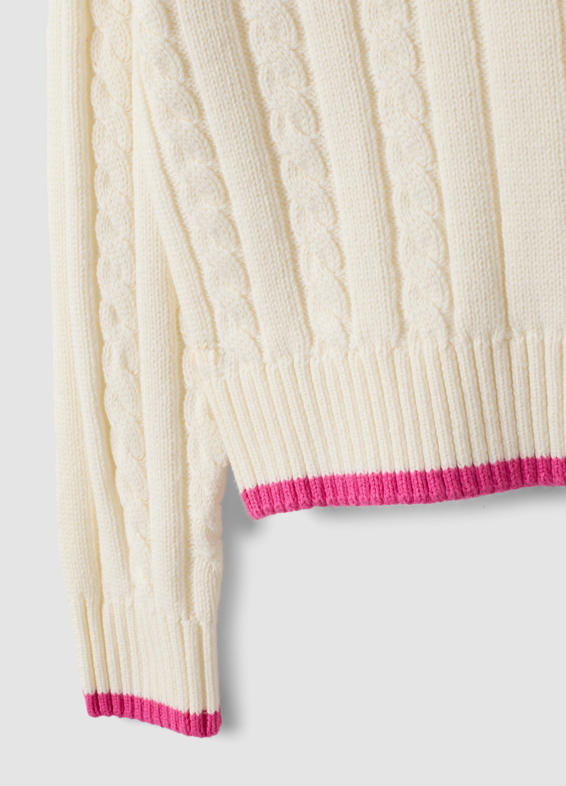 White pure cotton cable-knit V-neck jumper for girls