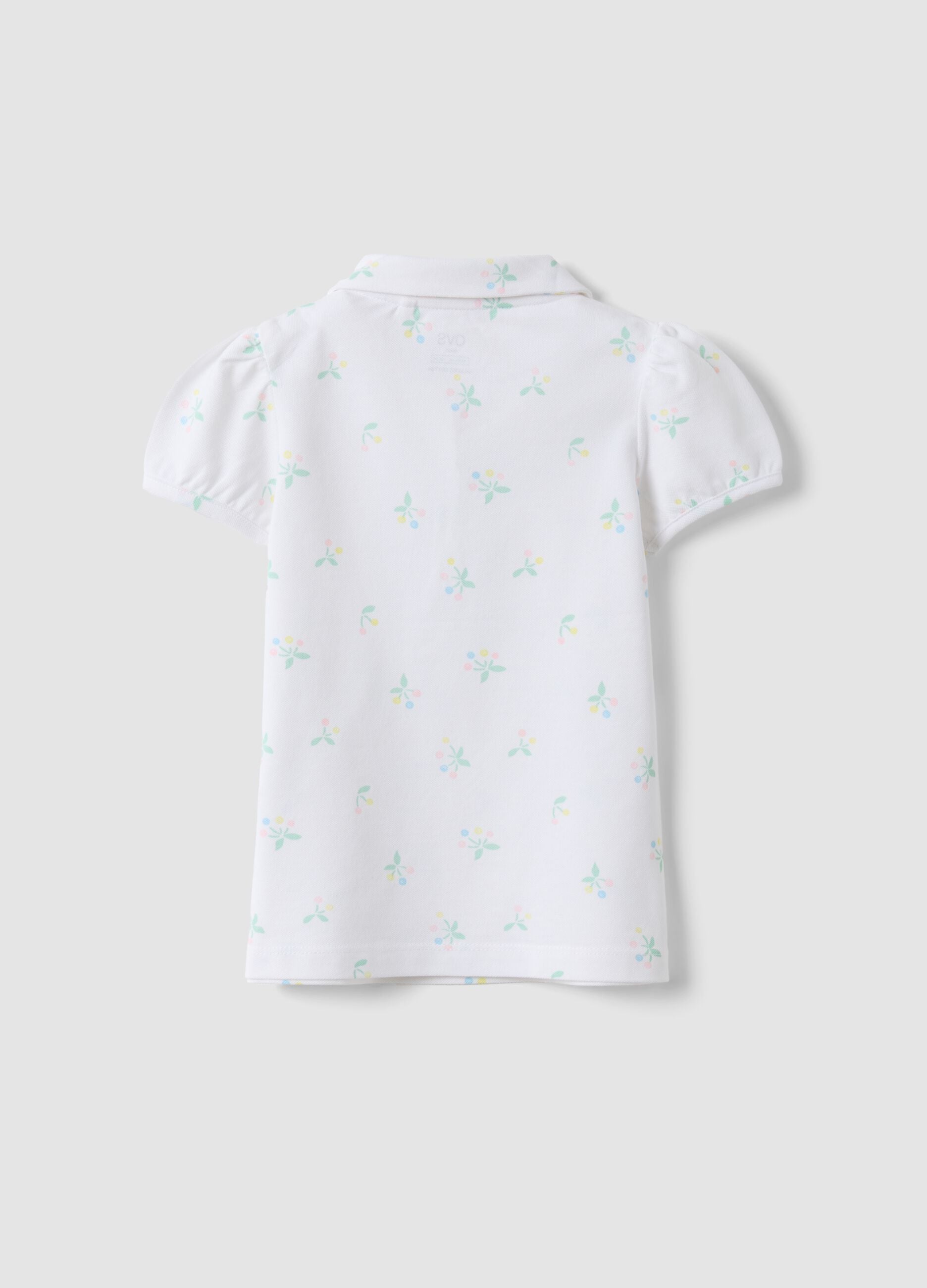 Girls' white cotton polo regular fit with floral pattern
