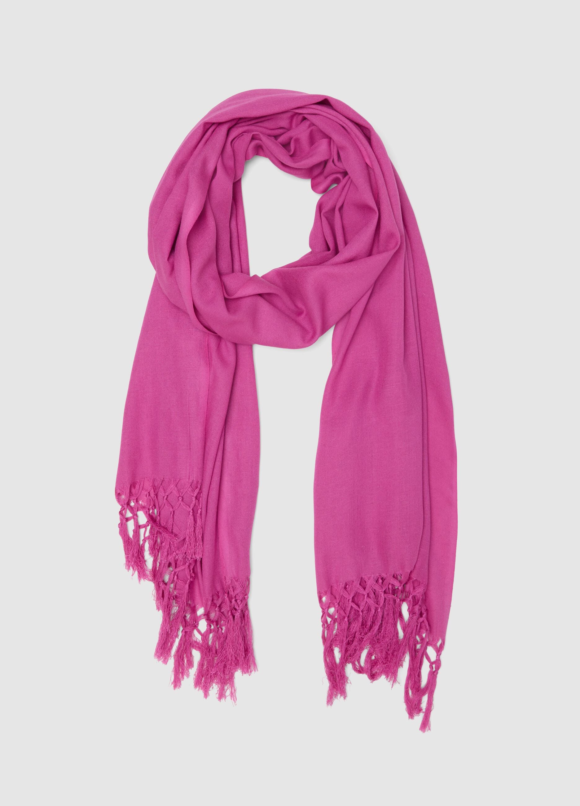 Pink viscose and linen mix scarf with fringes