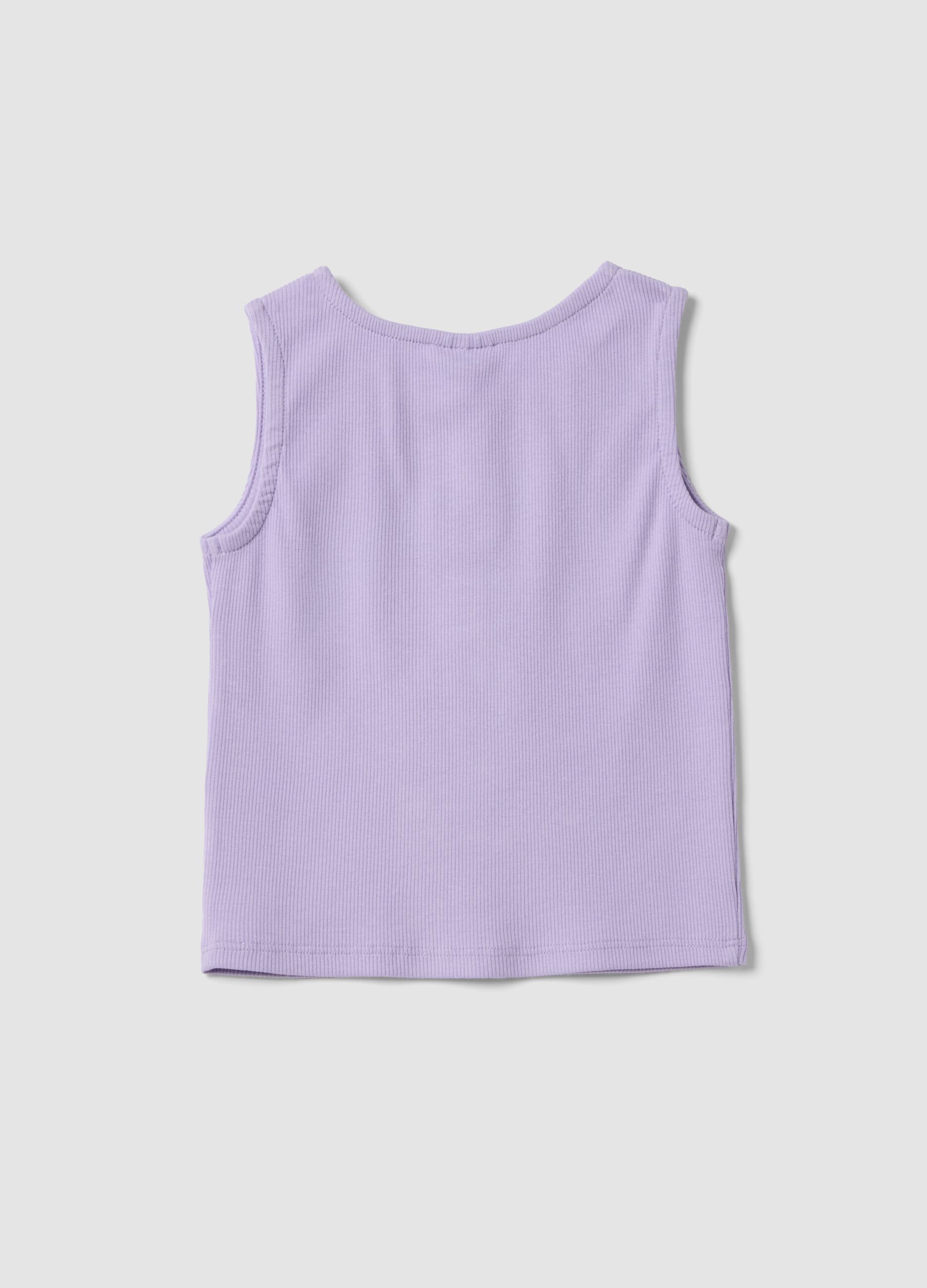 Regular fit purple stretch cotton tank top for girls with embroidery