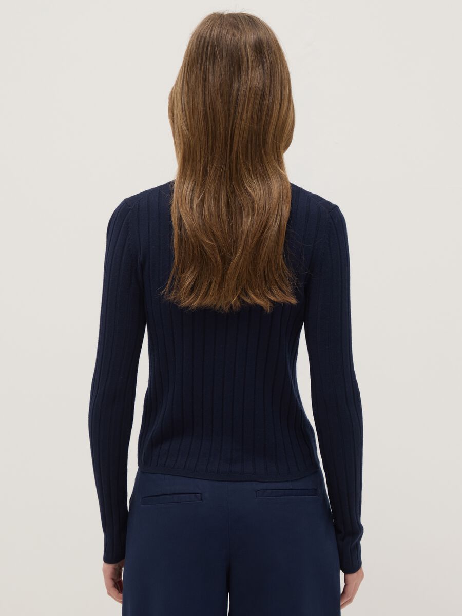 Slim Fit Ribbed Blue Cardigan with Polo Collar_2