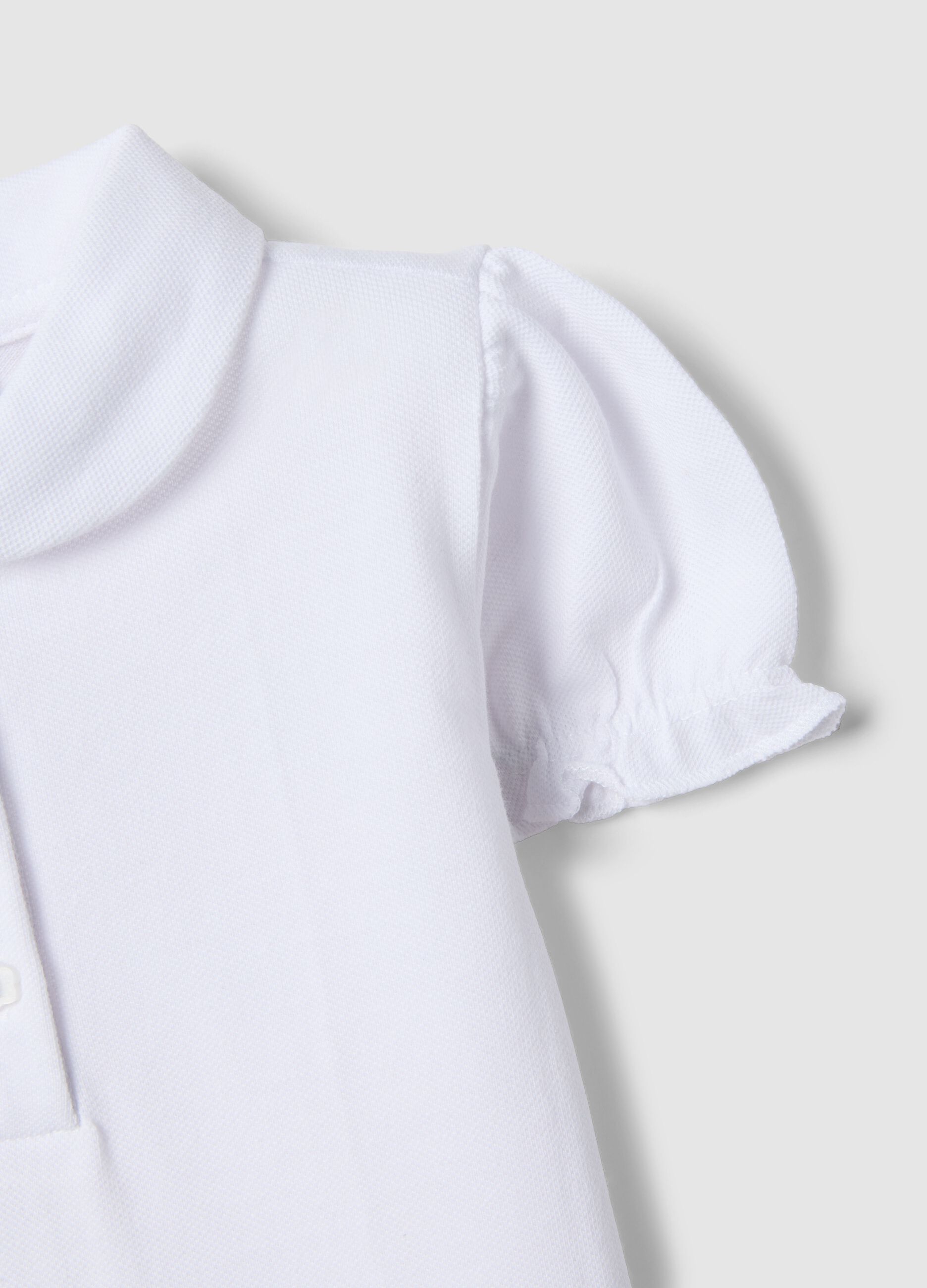 White pure cotton polo for girls, regular fit with ruched sleeves