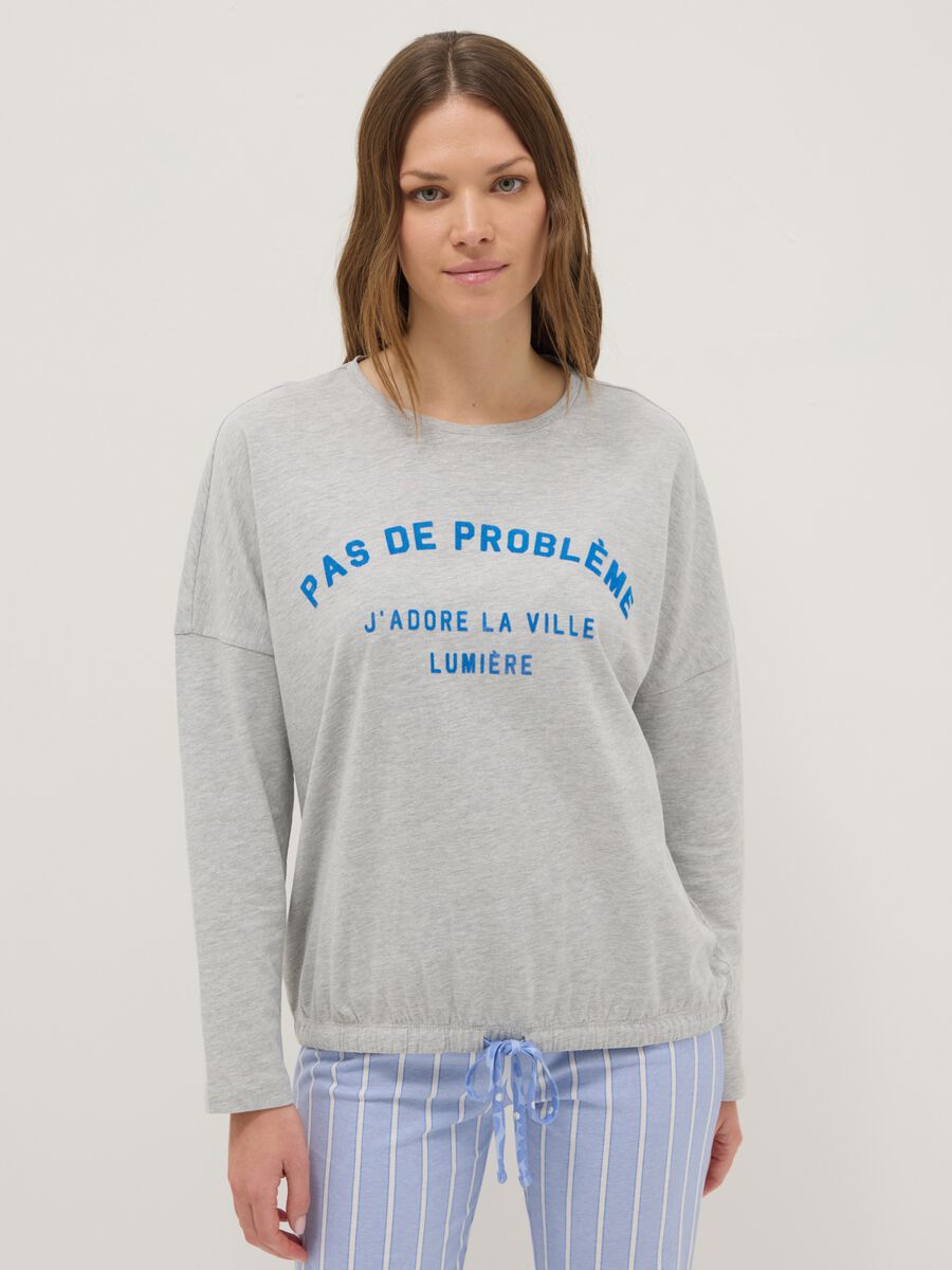 Grey crew neck pyjama top in regular fit cotton blend with print_1