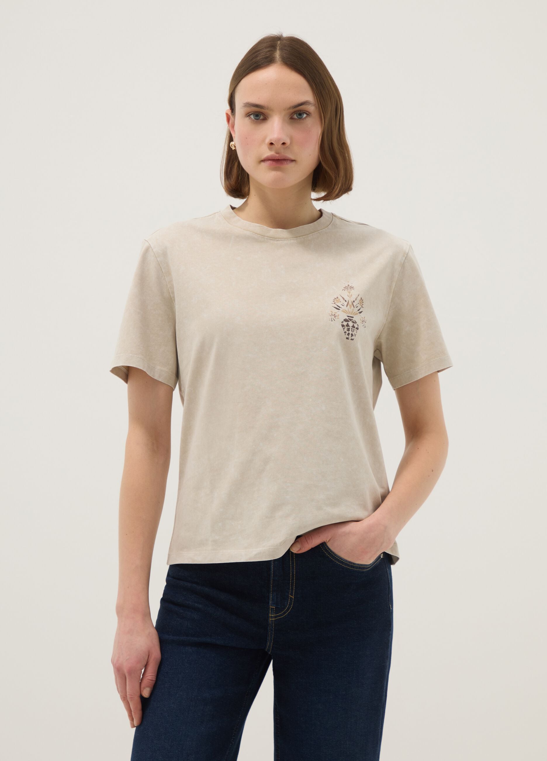 Beige pure cotton short-sleeve T-shirt, regular fit, with print