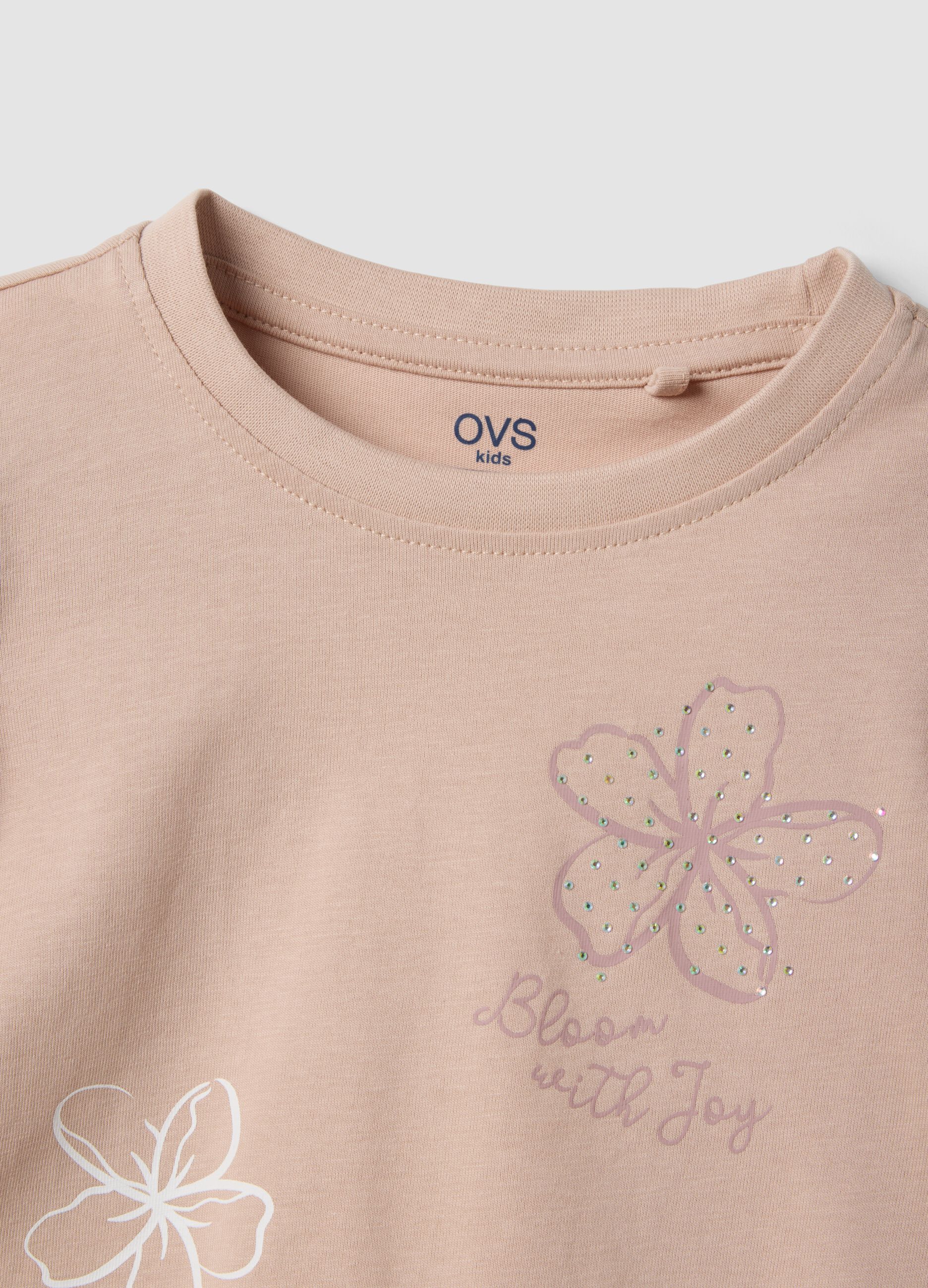Girls&rsquo; beige pure cotton T-shirt with ruffles and rhinestones