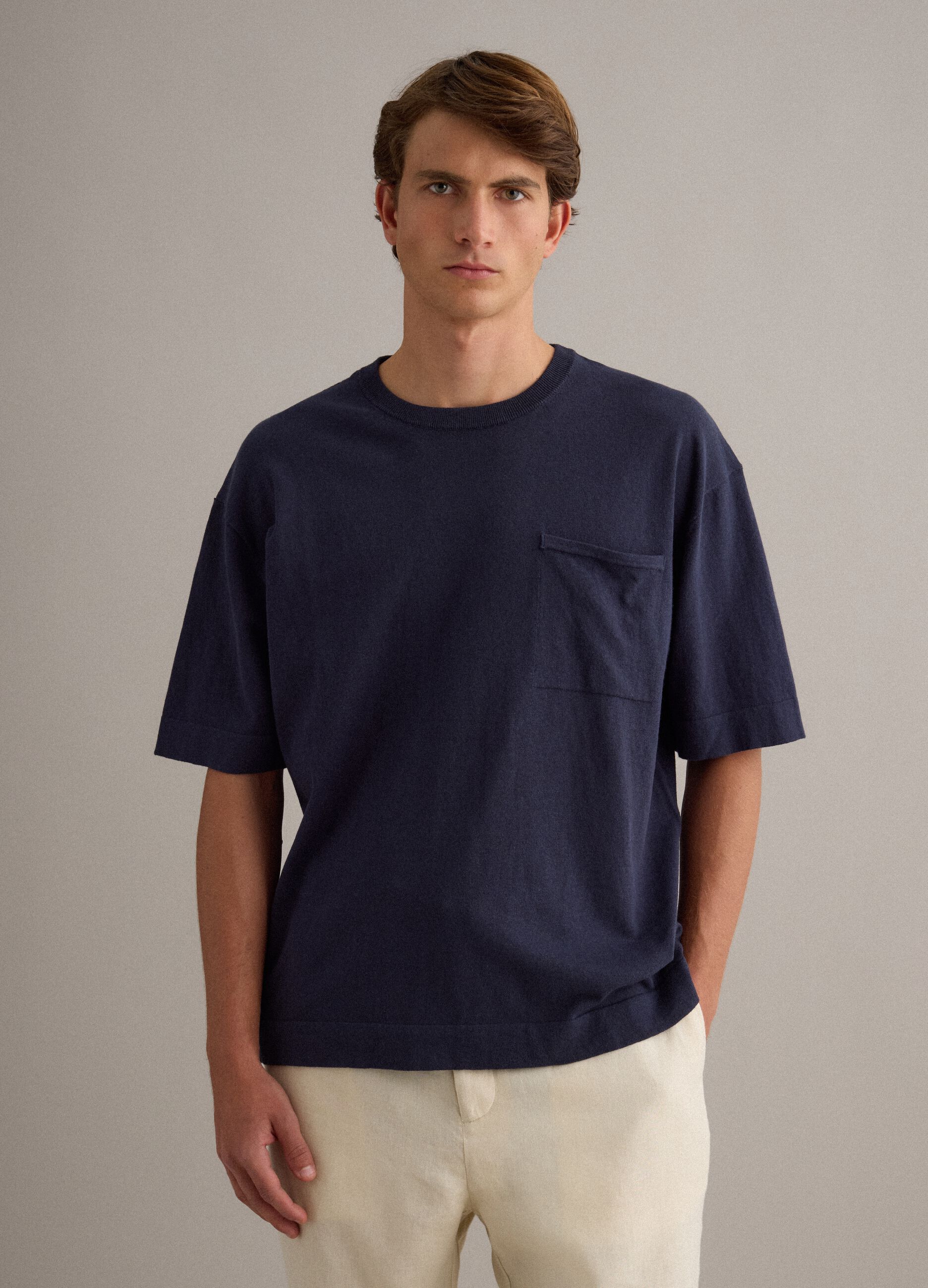 Blue pure cotton regular-fit short-sleeve T-shirt