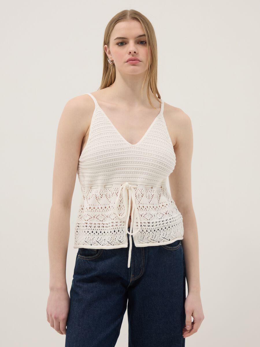 Top in crochet di puro cotone bianco regular fit_2