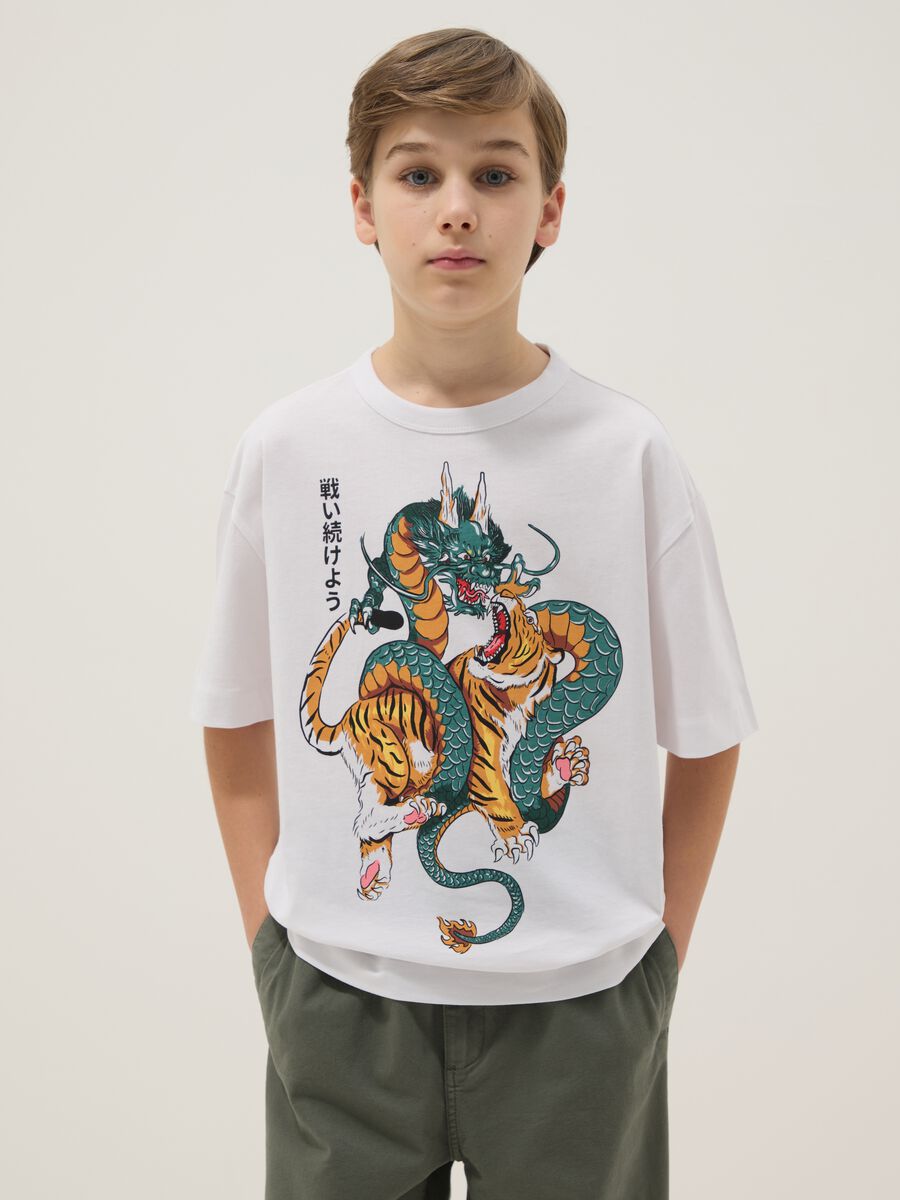 Pure cotton white oversized fit T-shirt with dragon and tiger_0