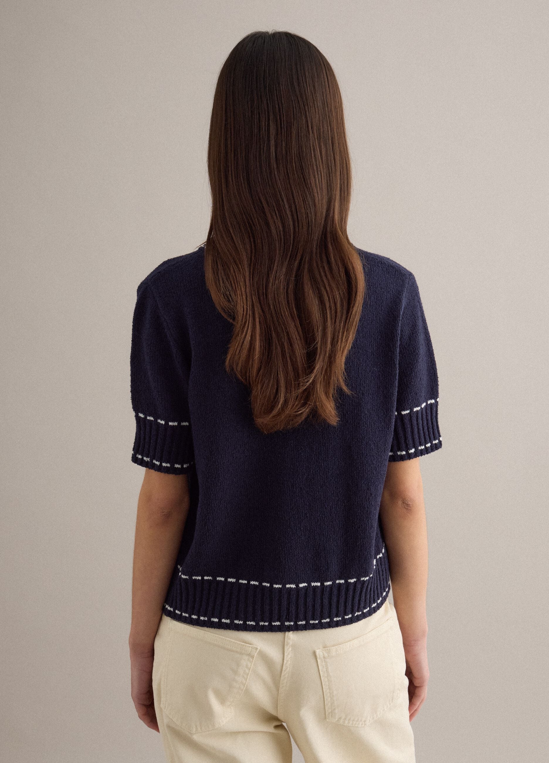 Blue cotton-blend sweater regular fit with contrast stitching