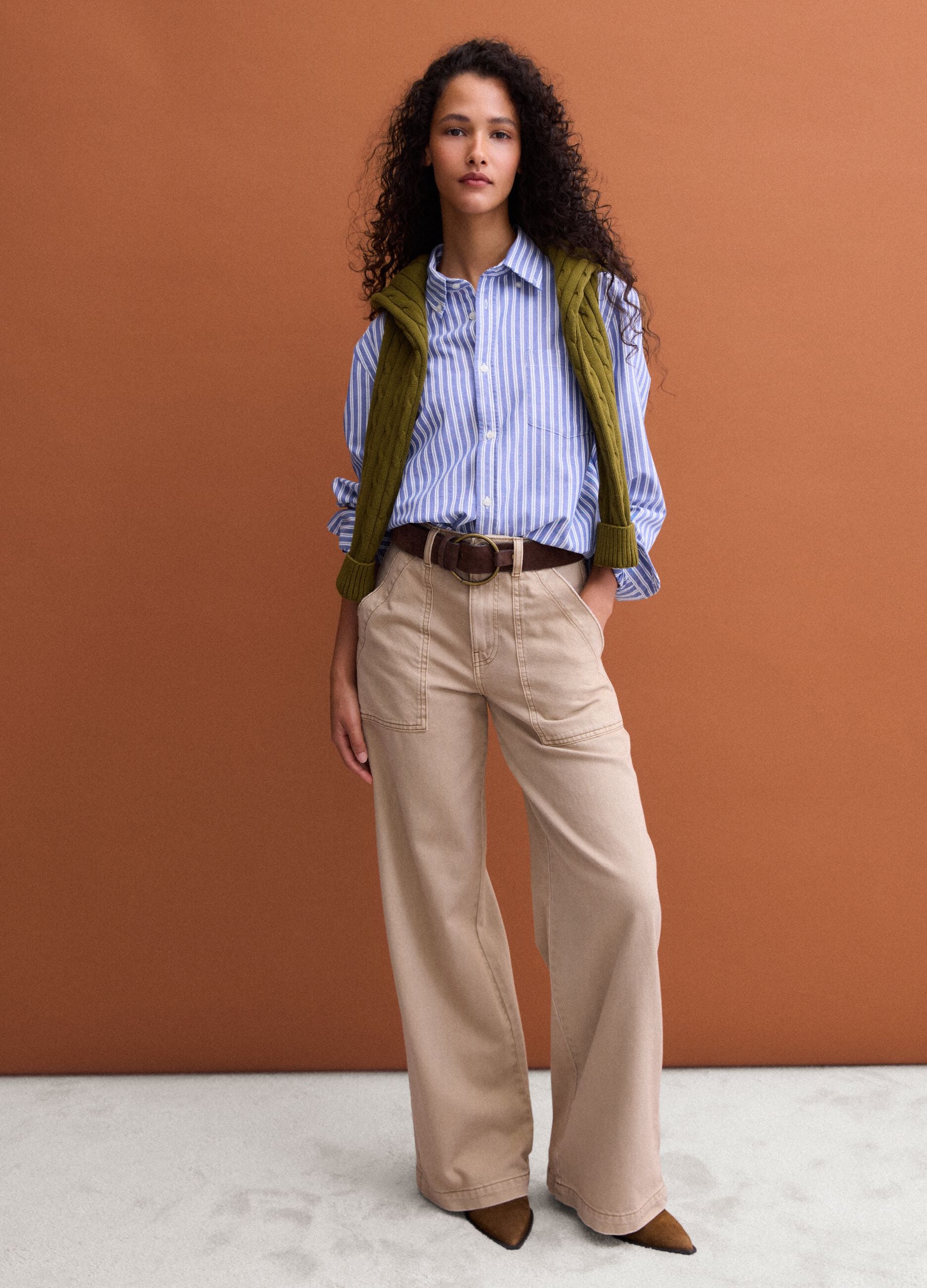 Beige denim wide-leg jeans in pure cotton