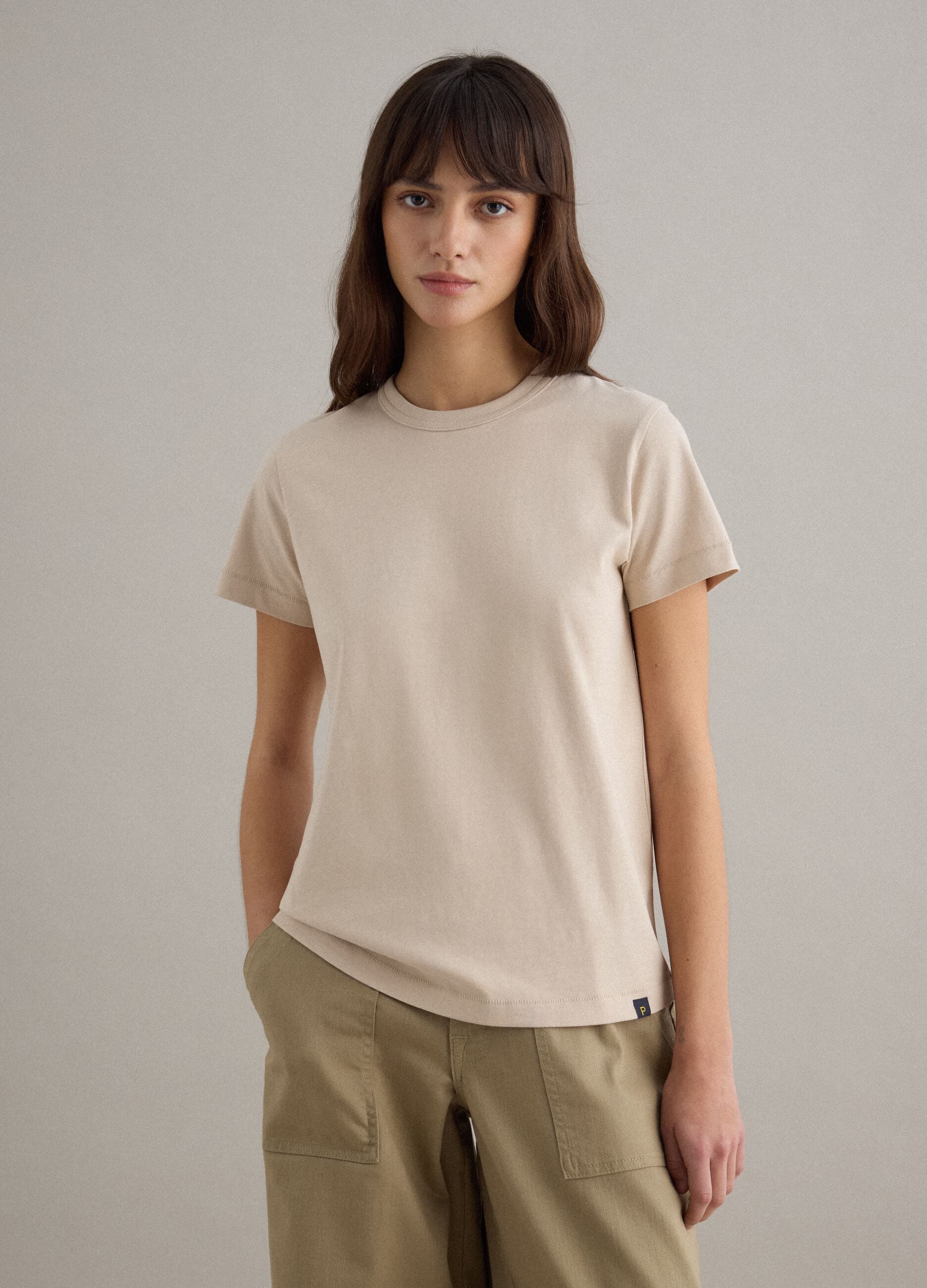 Beige pure cotton crew-neck T-shirt, regular fit